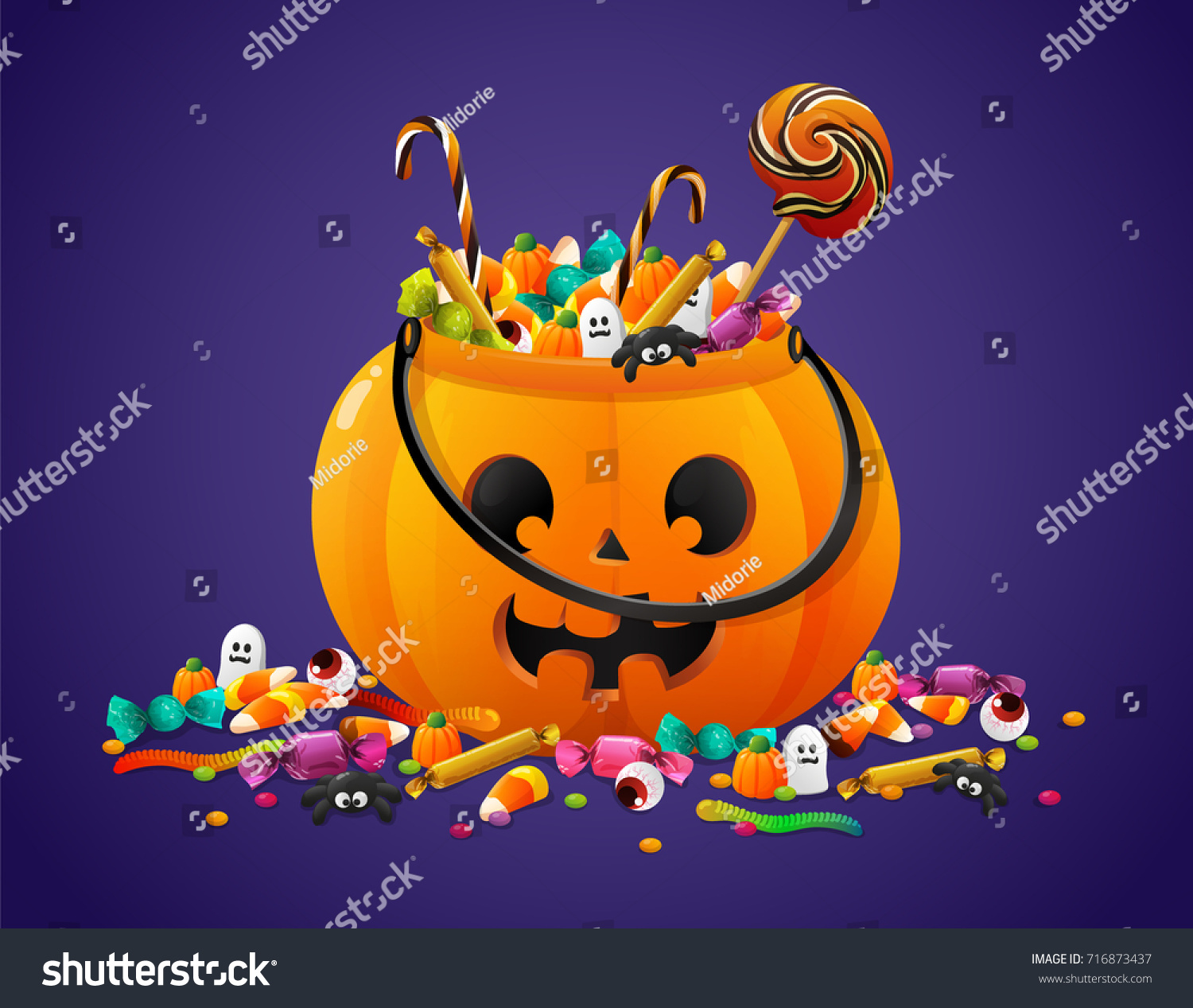 Halloween pumpkin basket full of candies and sweets on violet background #716873437