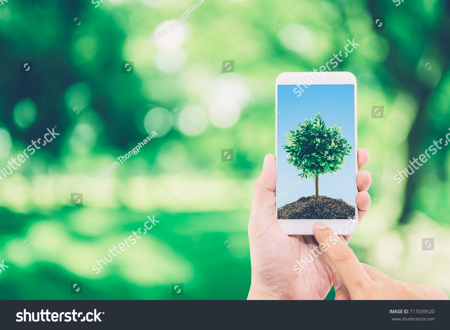 Hand of man holding mobile phone with soil and tree on screen, environment concept. #717039520
