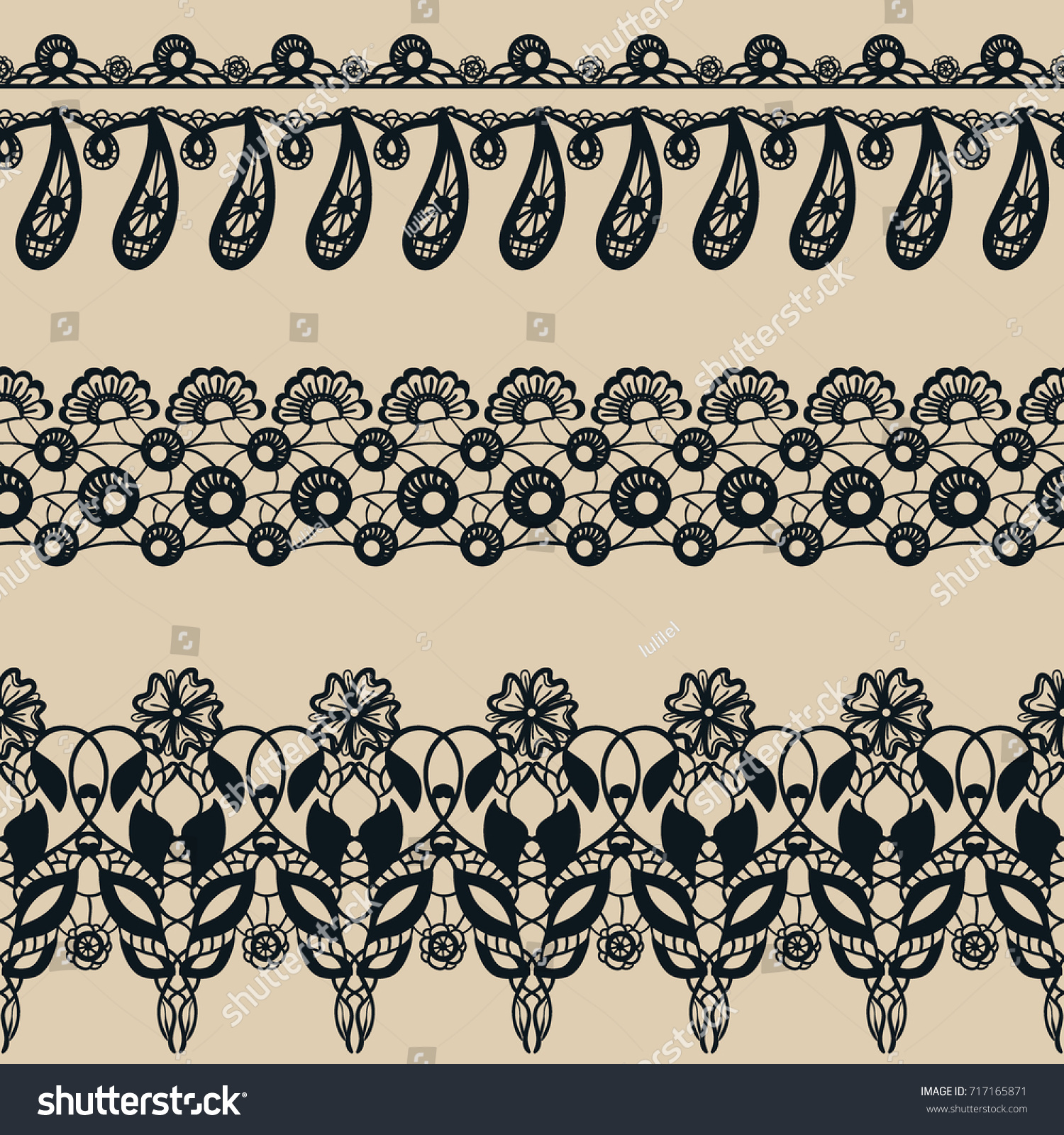 Vector set of lace seamless borders. Collection of decorative patterns: flowers and leaves. Ornamental floral motifs. Lacy vintage ornaments #717165871
