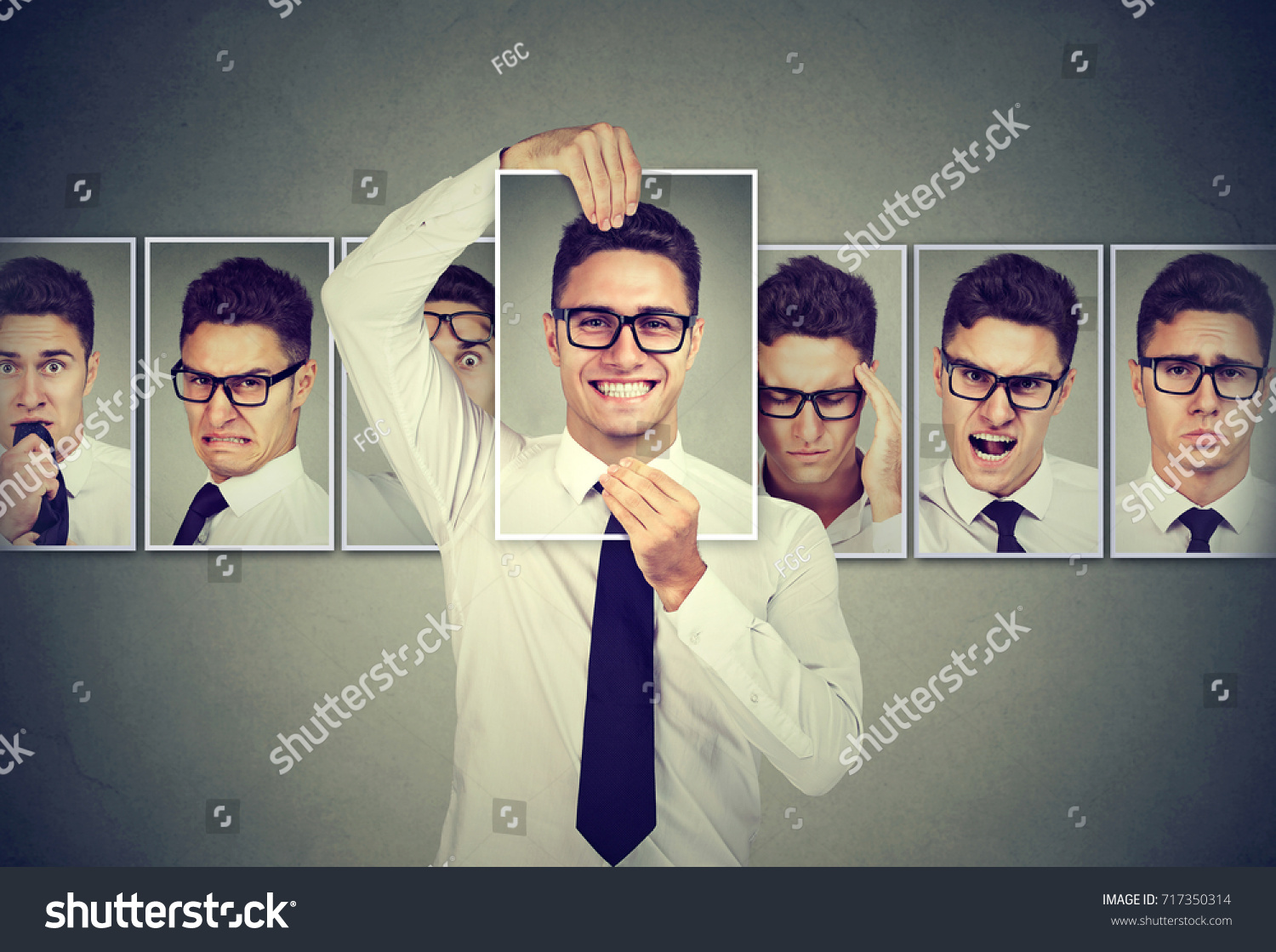 Masked man in glasses expressing different emotions  #717350314