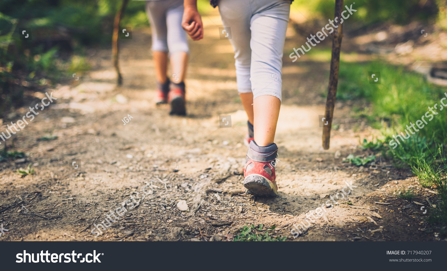 Children hiking in mountains or forest with sport hiking shoes. Girls or boys are walking trough forest path wearing mountain boots and walking sticks. Frog perspective with focus on the shoes. #717940207