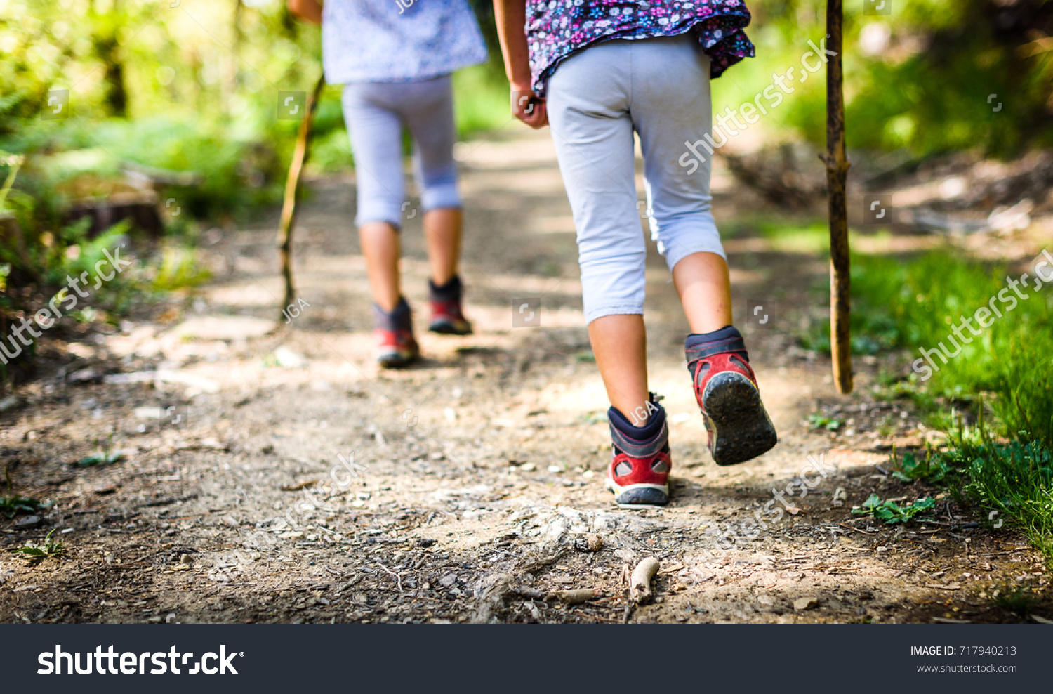 Children hiking in mountains or forest with sport hiking shoes. Girls are walking trough forest path wearing mountain boots and walking sticks. Frog perspective with focus on the shoes. #717940213