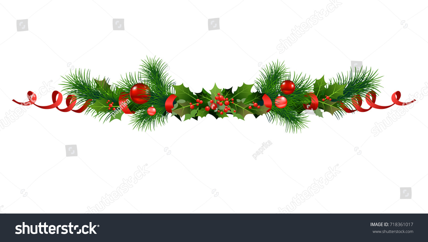 Christmas festive poinsettia and christmas tree decor. Holiday image for design banner, ticket, invitation or card, leaflet and so on. #718361017