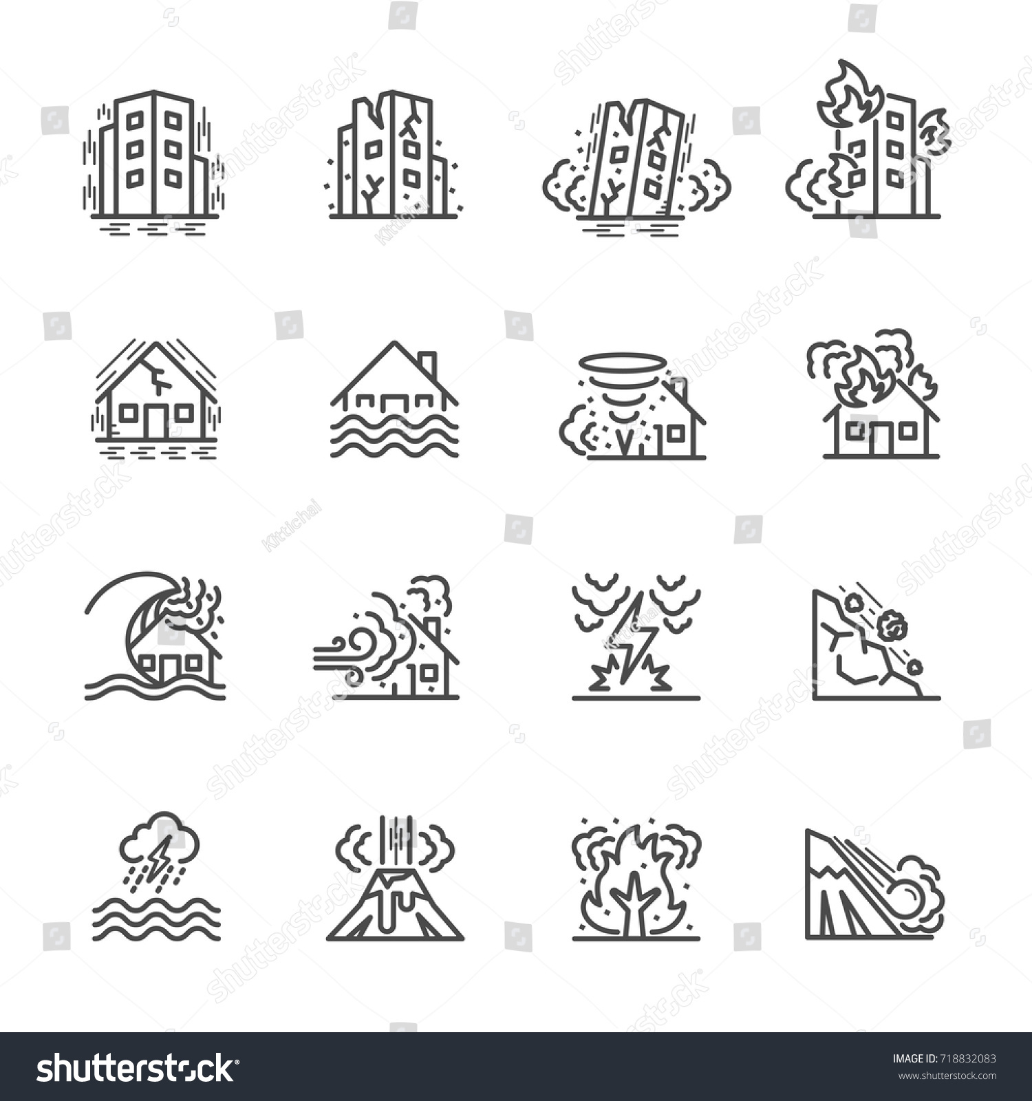 Natural Disaster, Vector illustration of thin line icons for Natural Disaster Contains such Icons as earth quake, flood, tsunami and other #718832083