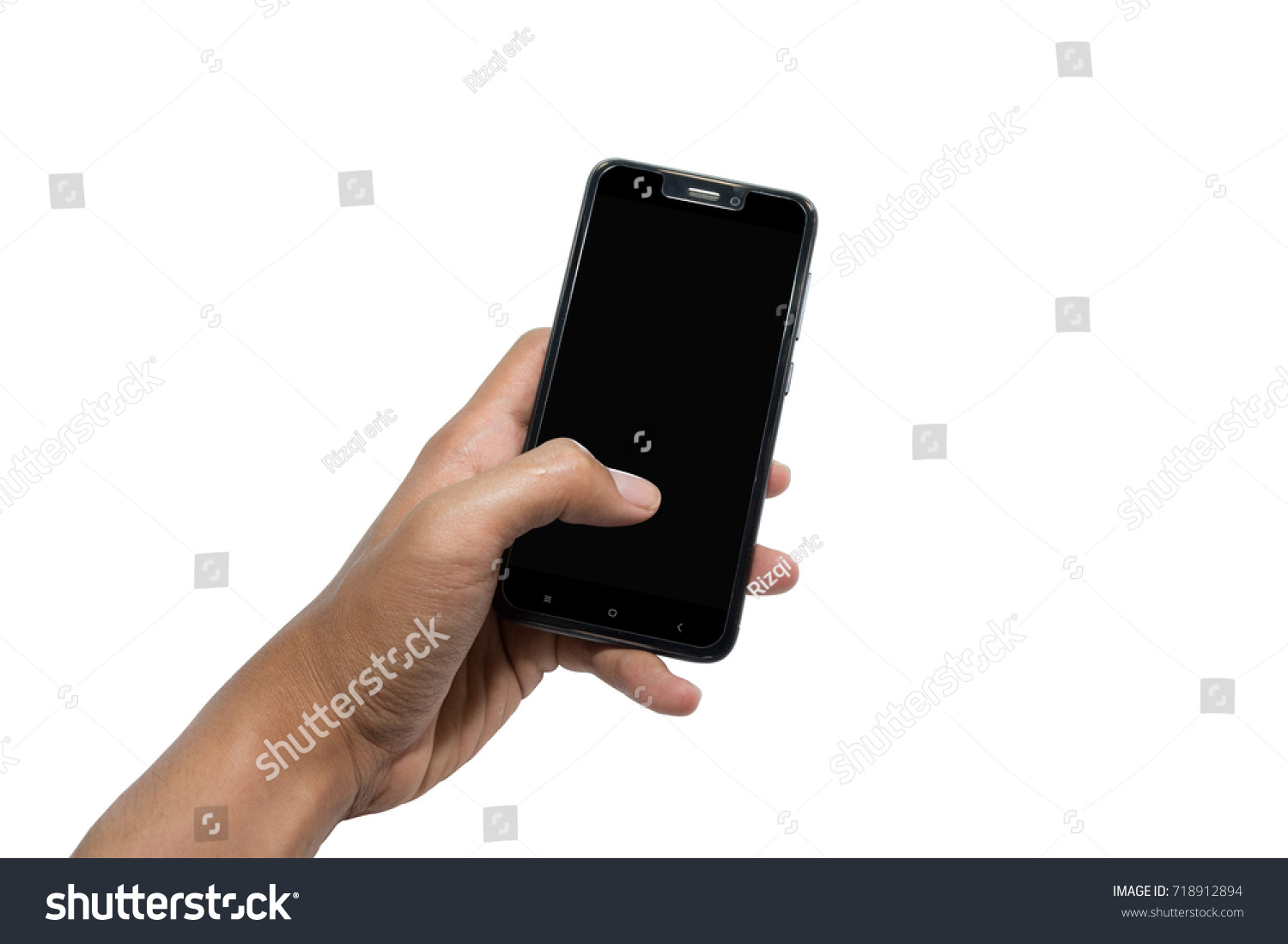 hand holding black smartphone #718912894