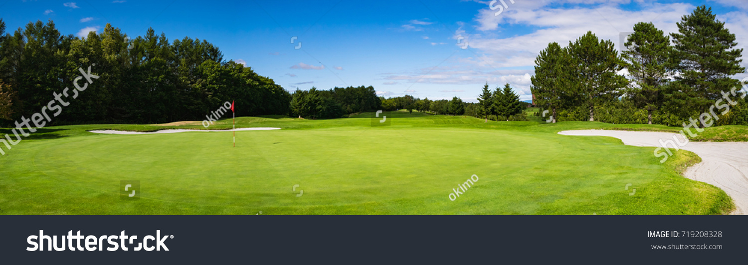 Panorama View of Golf Course with putting green in Hokkaido, Japan. Golf course with a rich green turf beautiful scenery. #719208328