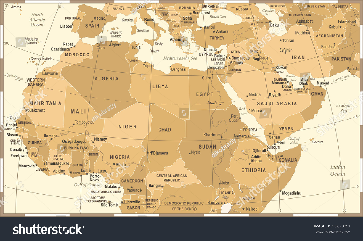 North Africa Map - Vintage Detailed Vector - Royalty Free Stock Vector 