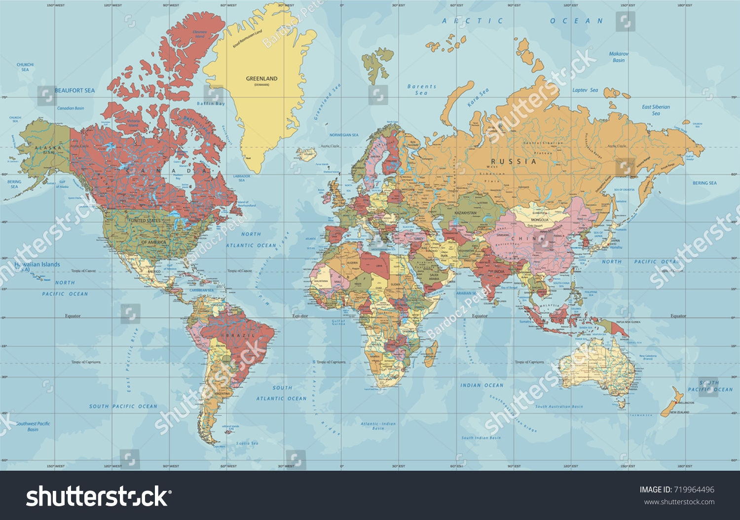 Detailed Political World Map In Mercator Royalty Free Stock Vector 719964496 0668