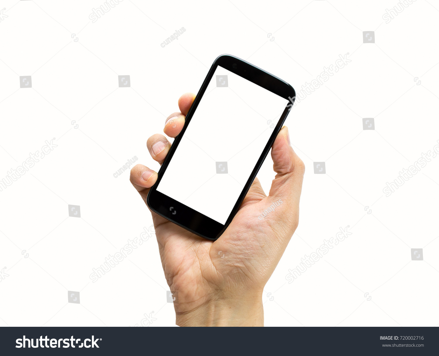 hand holding a black  smart phone with white background #720002716