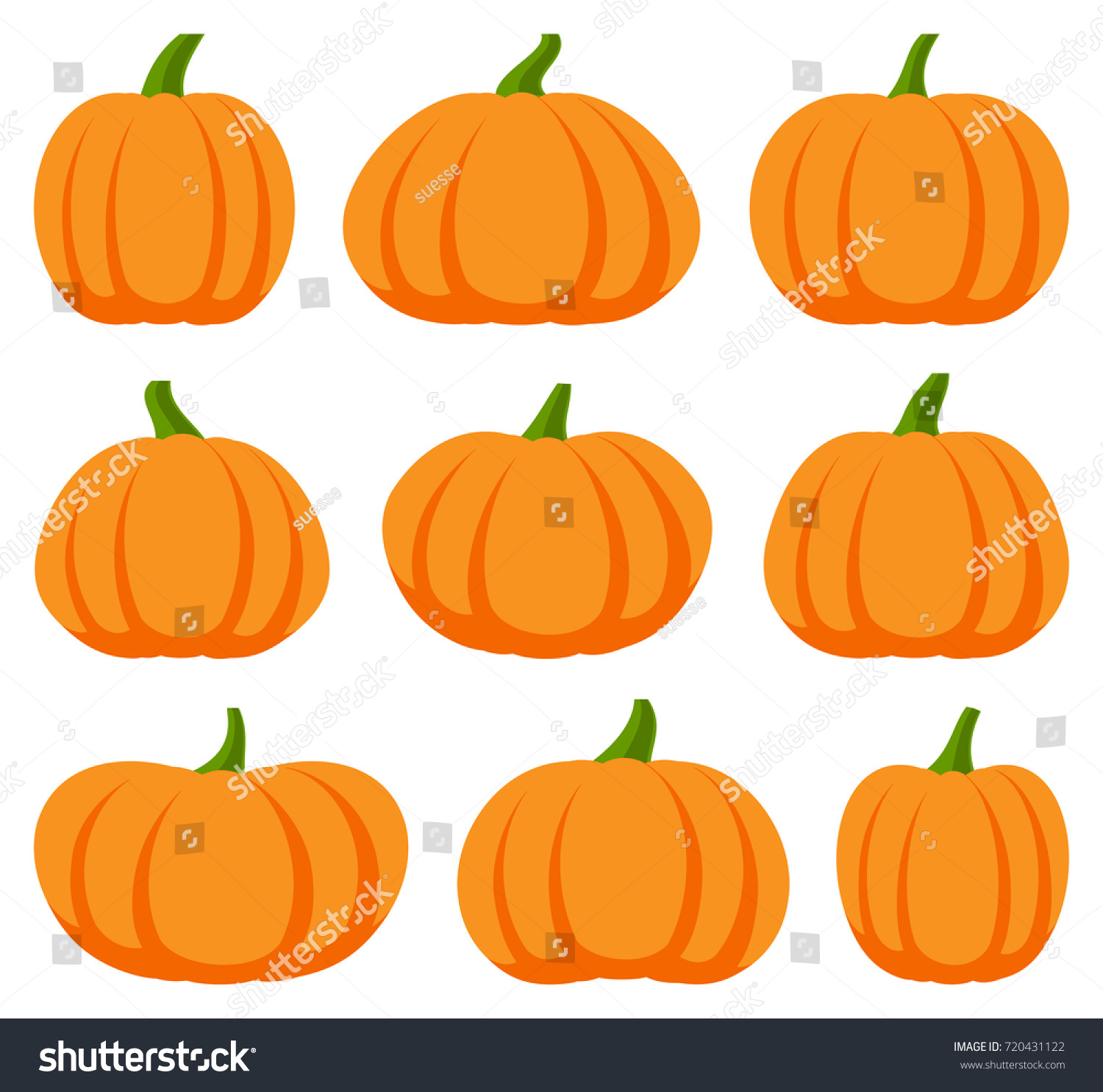 Cartoon halloween pumpkin set. Different shapes and sizes orange gourd isolated on white background. Vector illustration #720431122