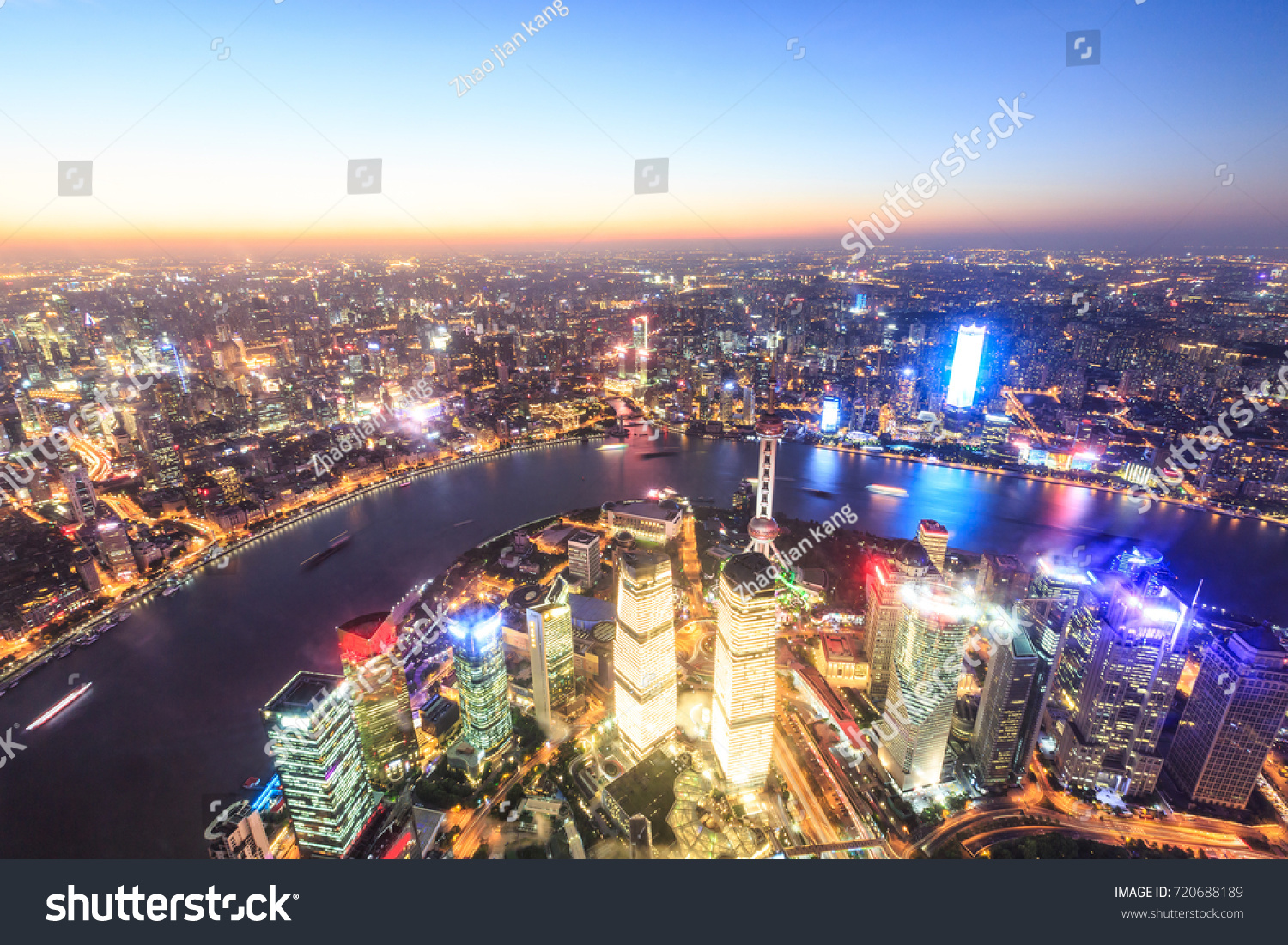 Shanghai huangpu river and pudong financial district skyline at sunset,China #720688189