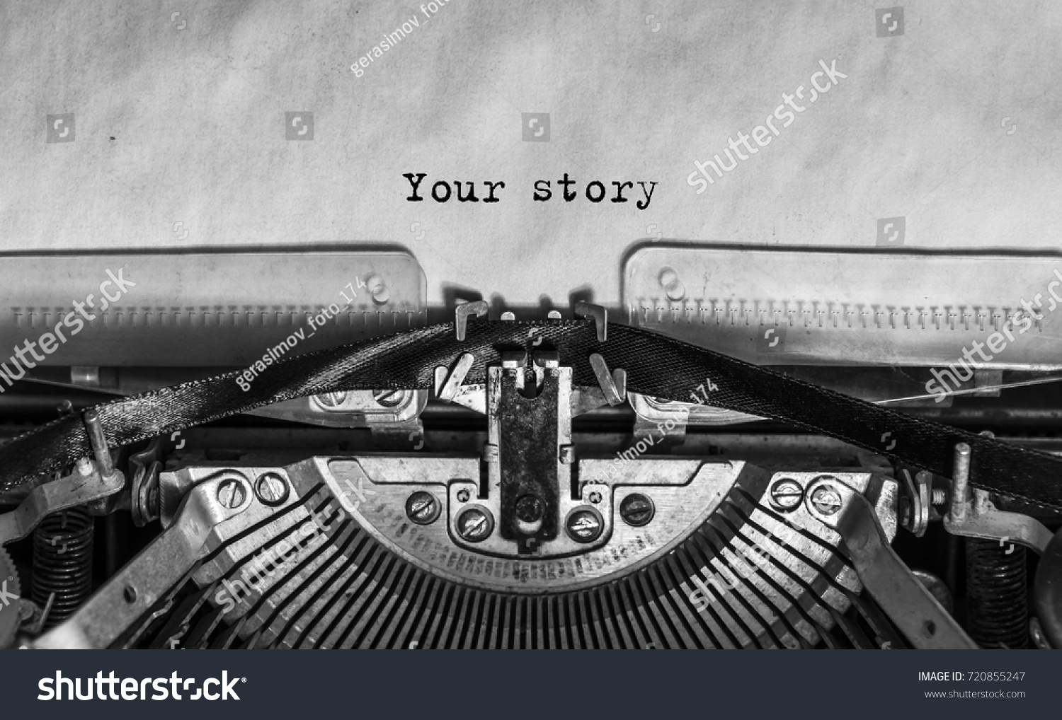 your story typed words on a Vintage Typewriter. Mechanisms closeup. Typing on old typewriter #720855247