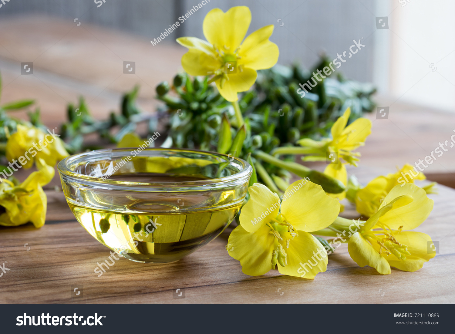 Evening primrose oil in a glass bowl, with fresh evening primrose flowers in the background #721110889