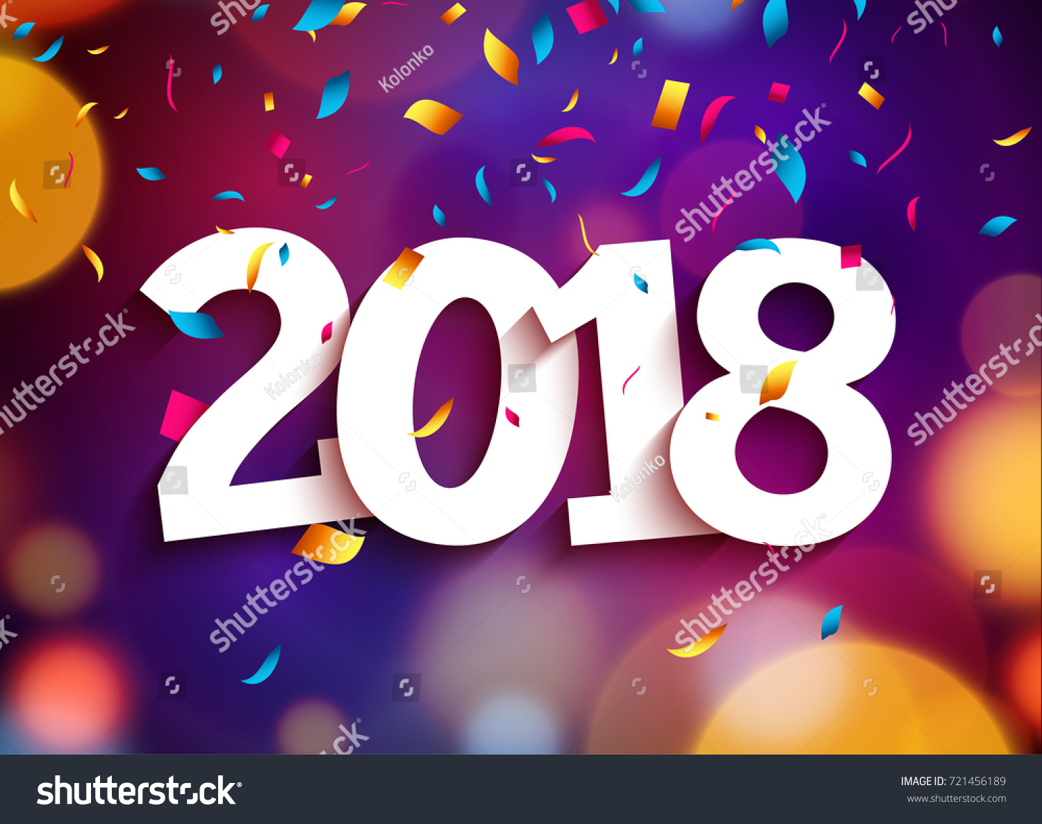 Happy New Year 2018 background decoration. Greeting card design template 2018 confetti. Vector illustration of date 2018 year. Celebrate brochure or flyer. #721456189