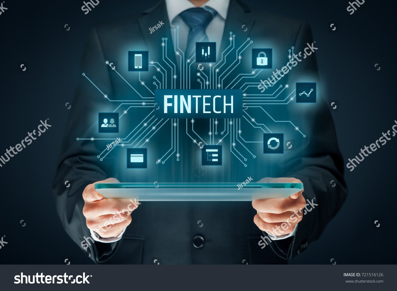 Fintech (financial technology) concept. Business person with tablet and fintech illustration. #721516126