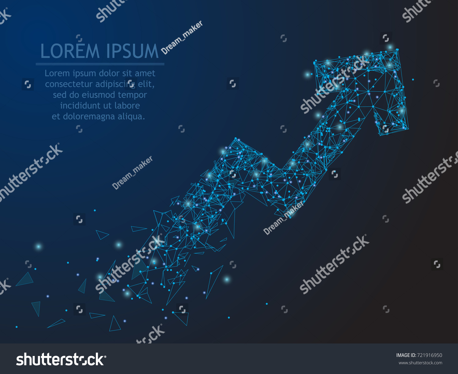 Polygonal wire frame low poly mash looks like constellation arrow growth with crumbled end on blue night sky. Business, finance, career or other grows concept illustration or background