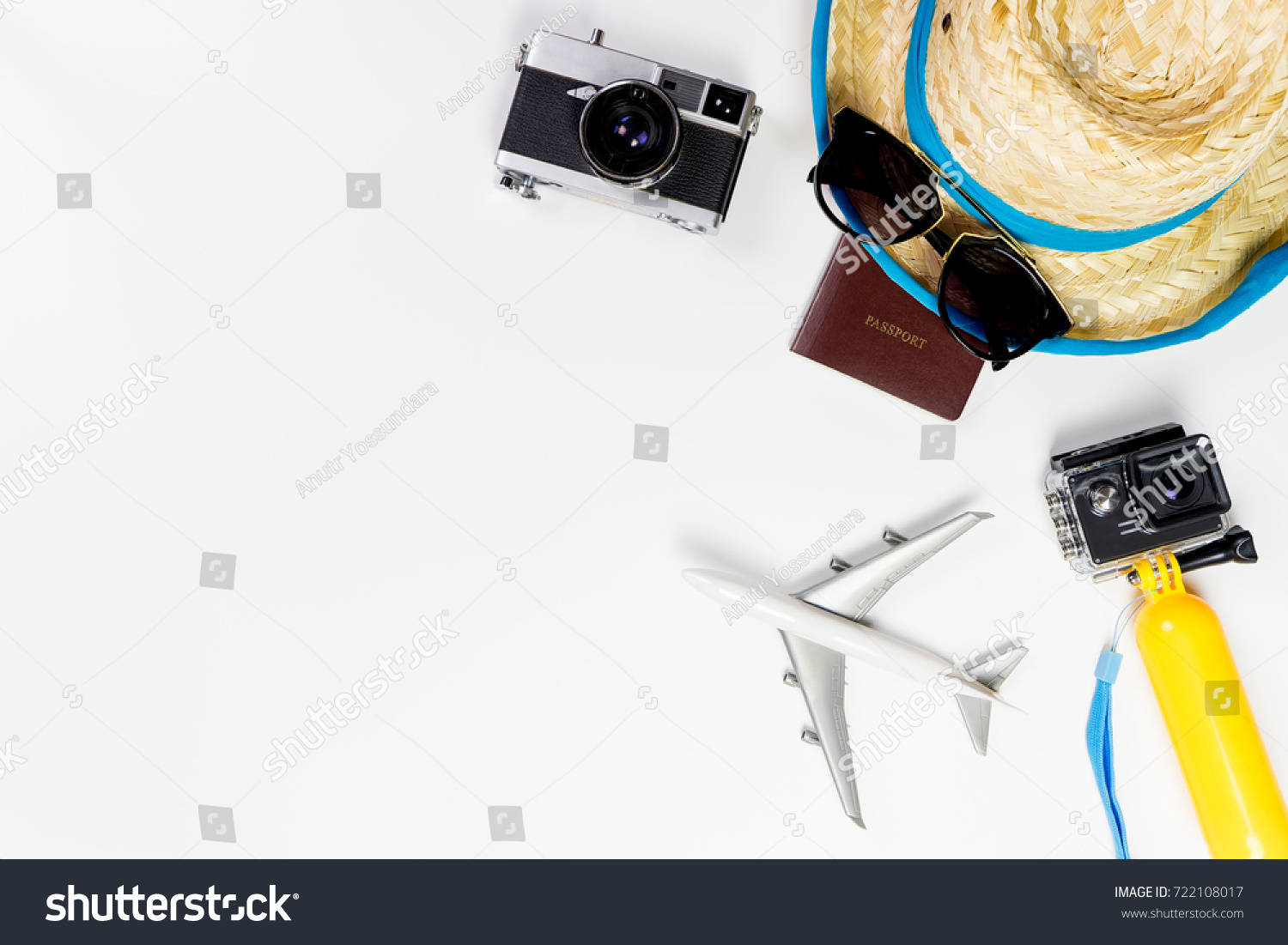 Summer Beach travel objects and gadgets on white background. Beach Vacation holidays travel accessories with copy space for travel banner and poster advertisement.  #722108017