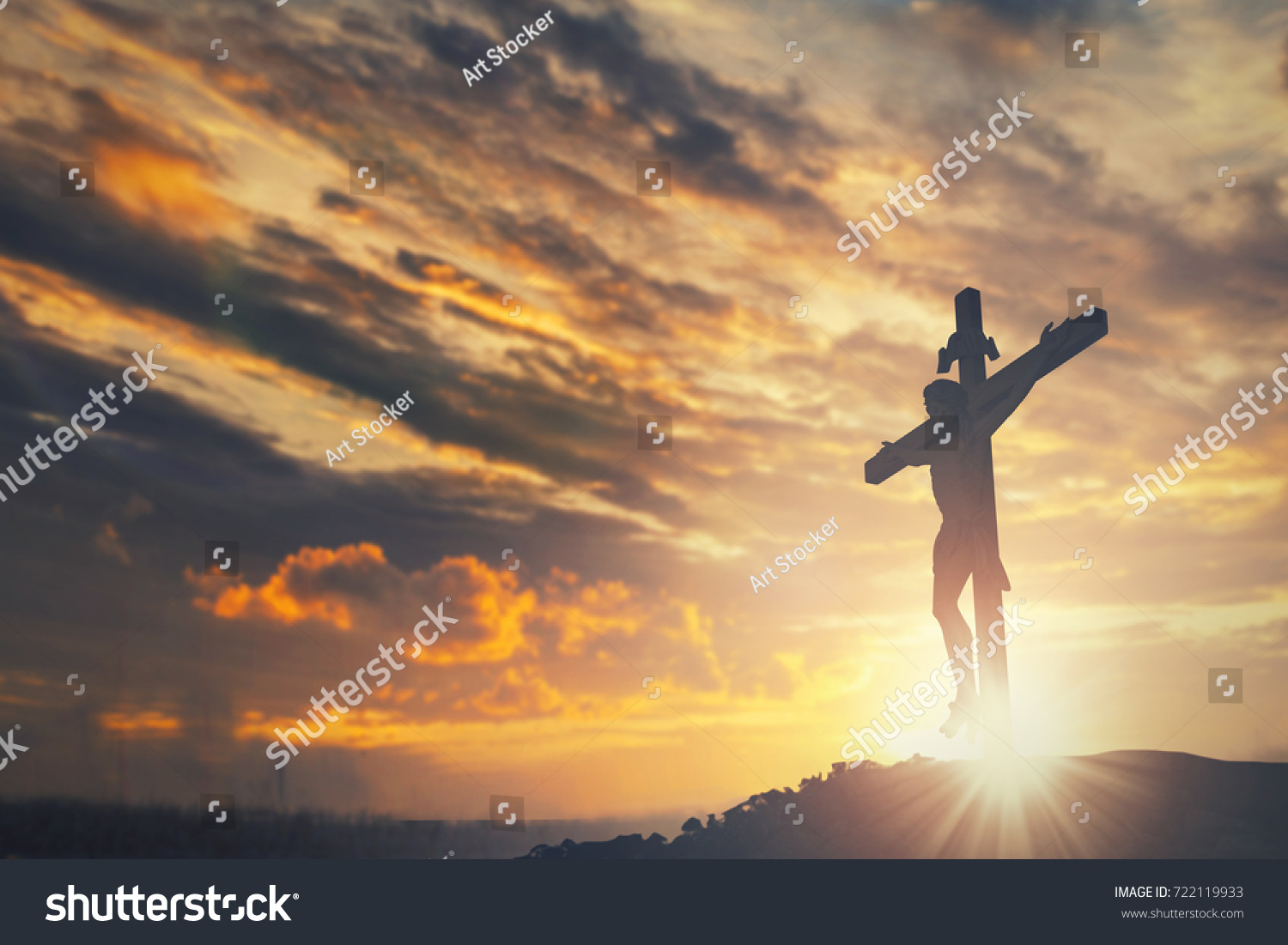 Jesus christ crucifix cross on heaven sunrise concept christmas catholic religion, forgiving christian worship god, happy easter day, praying praise good friday sunrise background, bible gospel sunday #722119933