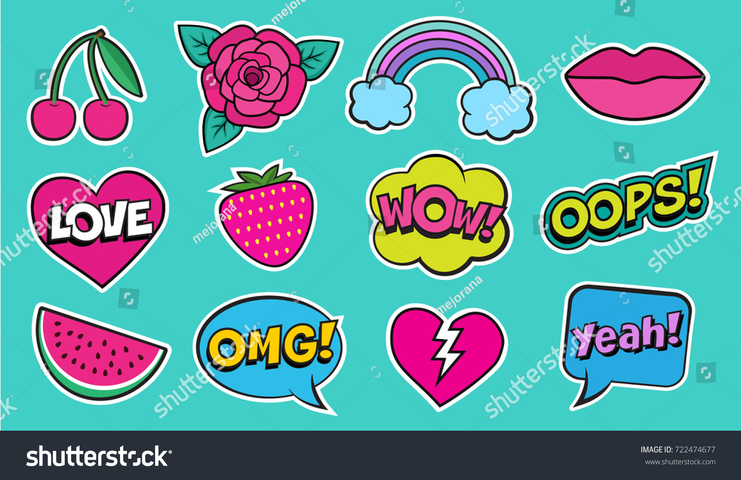 Cool modern colorful patch set on green background. Fashion stickers of cherry, strawberry, watermelon, lips, rose flower, rainbow, hearts, retro comic bubbles, stars . Cartoon 80s-90s pop art style #722474677