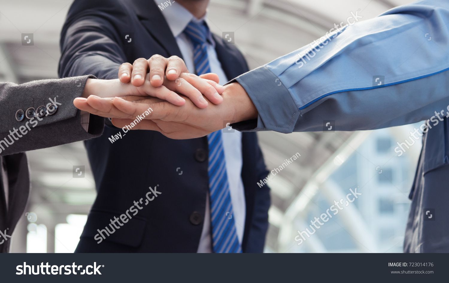 Group of young business people hands with stacking hands together expressing positive thinking, try positive action, teamwork concepts. #723014176