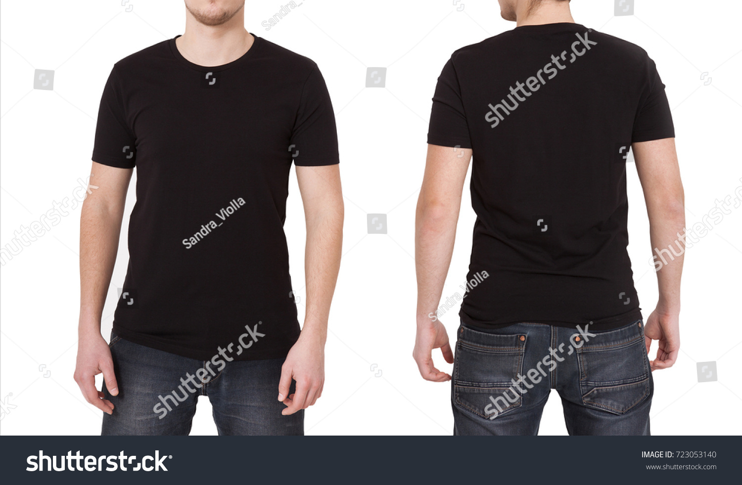 T-shirt template. Front and back view. Mock up isolated on white background. Black shirt #723053140