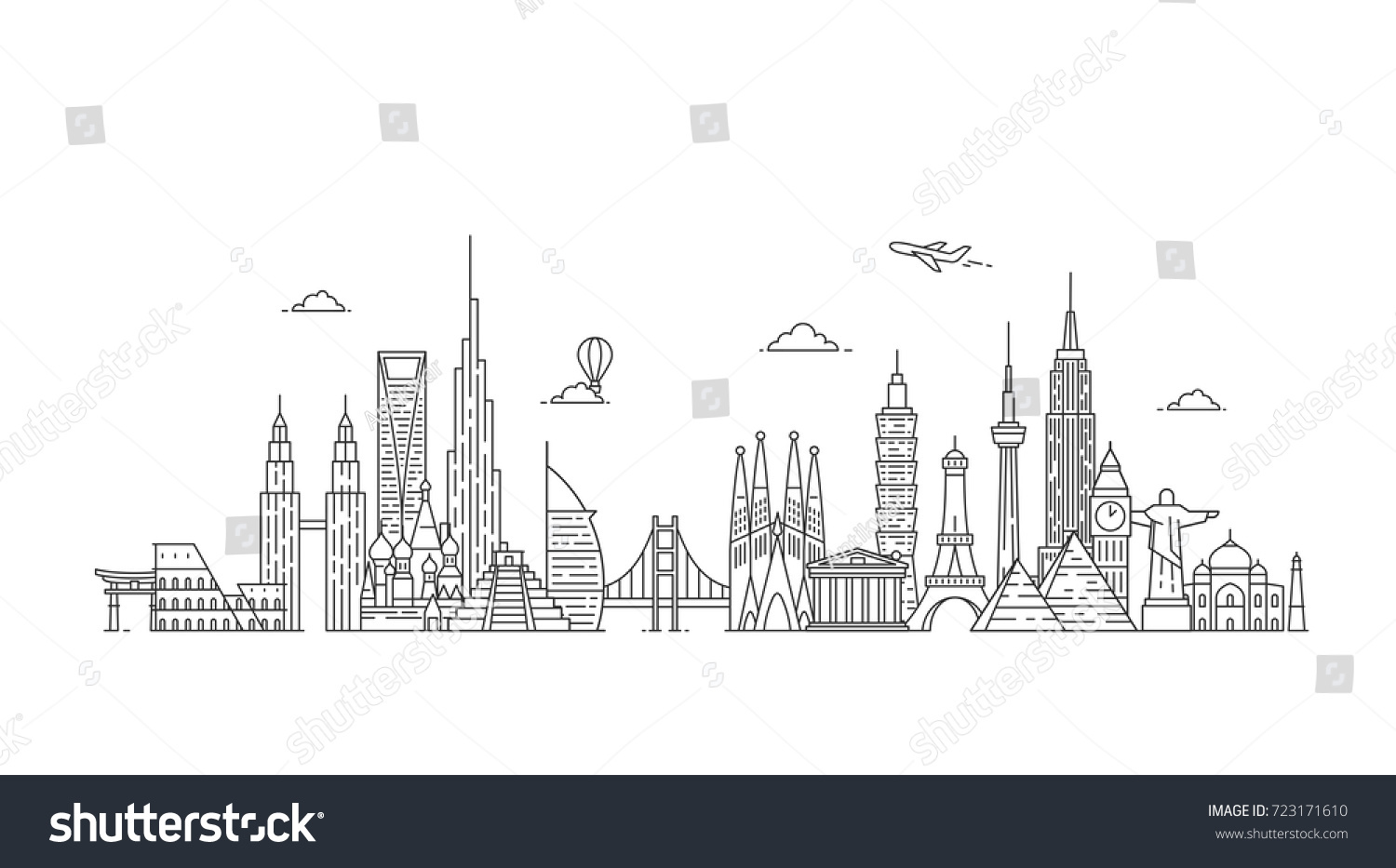 World skyline. Travel and tourism background. Famous buildings and monuments.