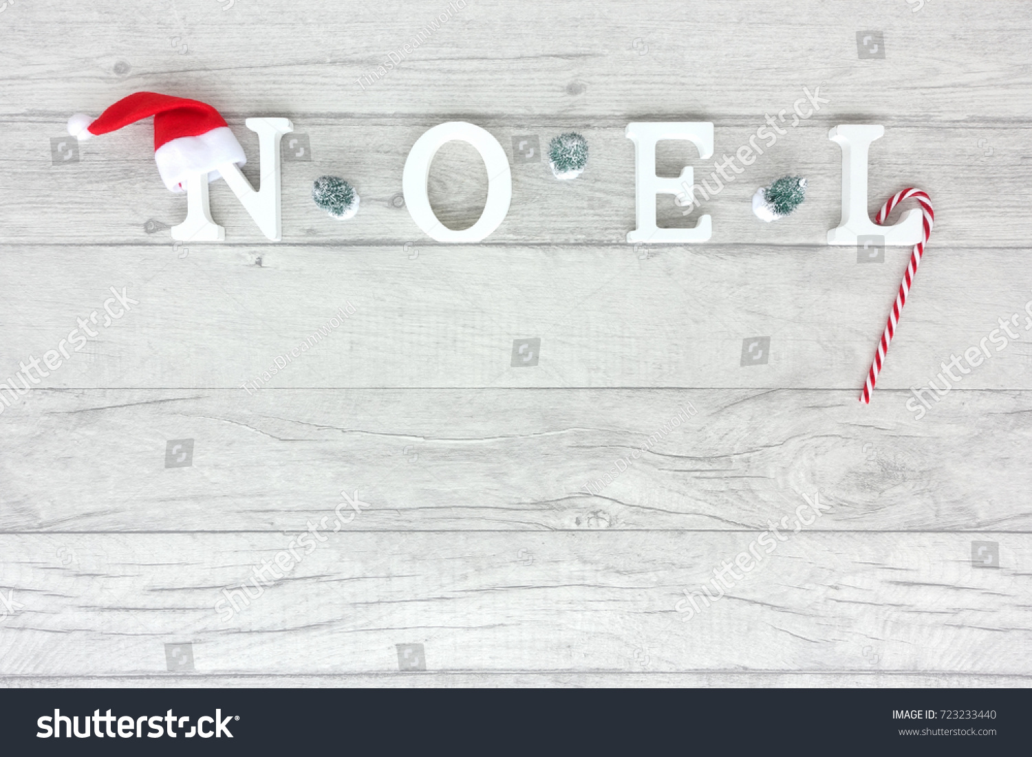 Christmas background with the words noel formed out of white wooden capital letters on grey wood background. #723233440