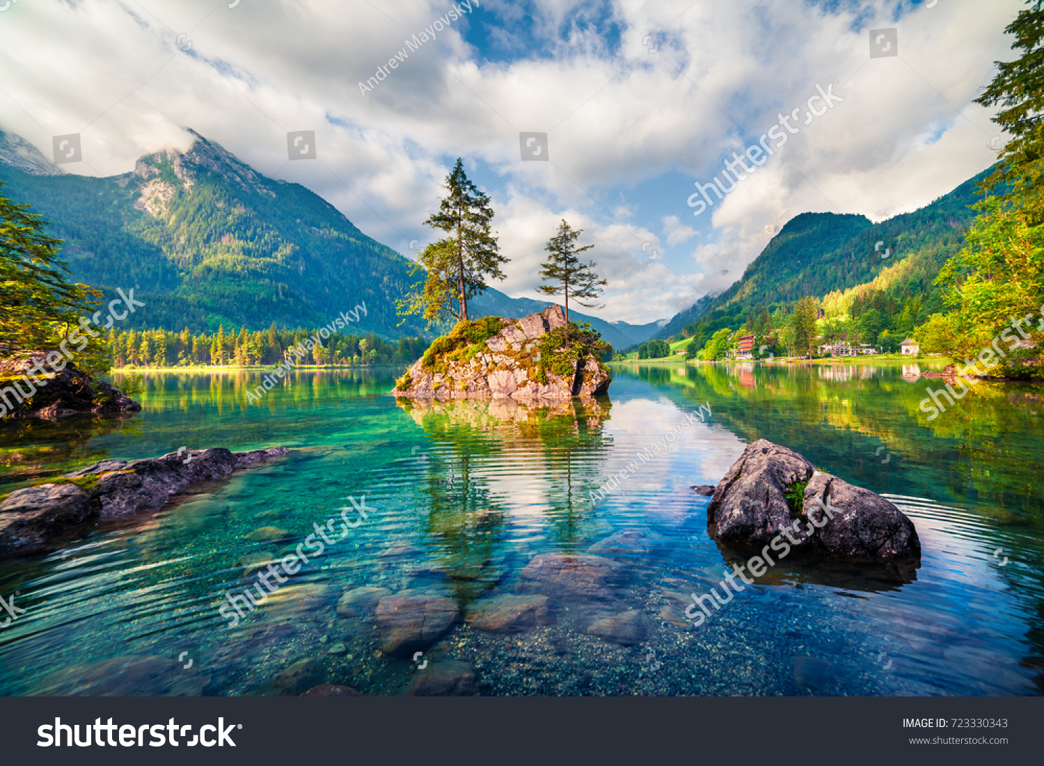 Magnificent summer scene of Hintersee lake. Colorful morning view of Austrian Alps, Salzburg-Umgebung district, Austria, Europe. Beauty of nature concept background. #723330343