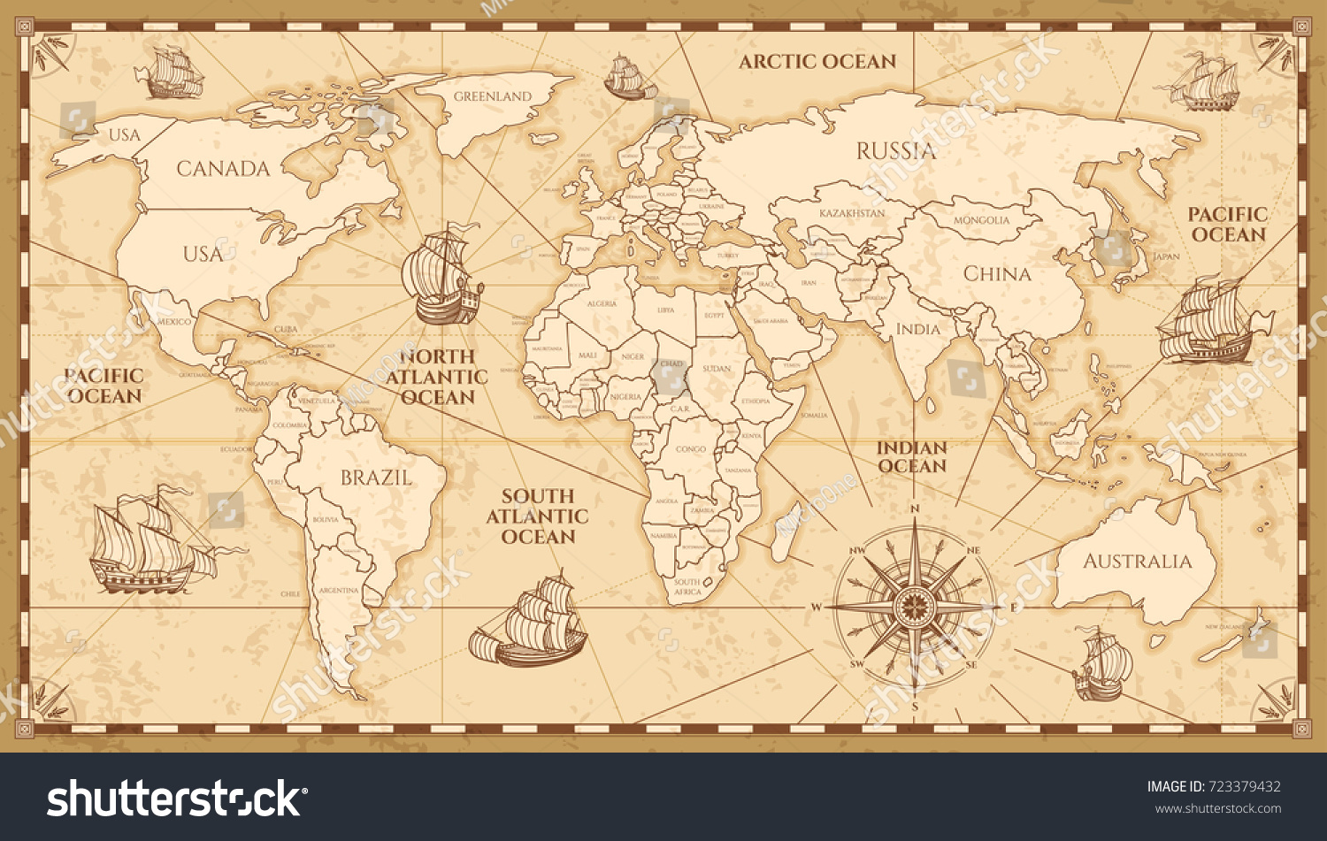 Vector antique world map with countries boundaries. Antique world vintage map, grunge america and europe illustration #723379432