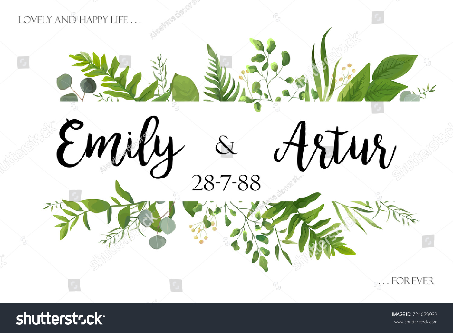 Wedding invite invitation card vector floral greenery design: Forest fern frond, Eucalyptus branch green leaves foliage herb greenery, berry frame, border. Poster, greeting Watercolor art illustration #724079932