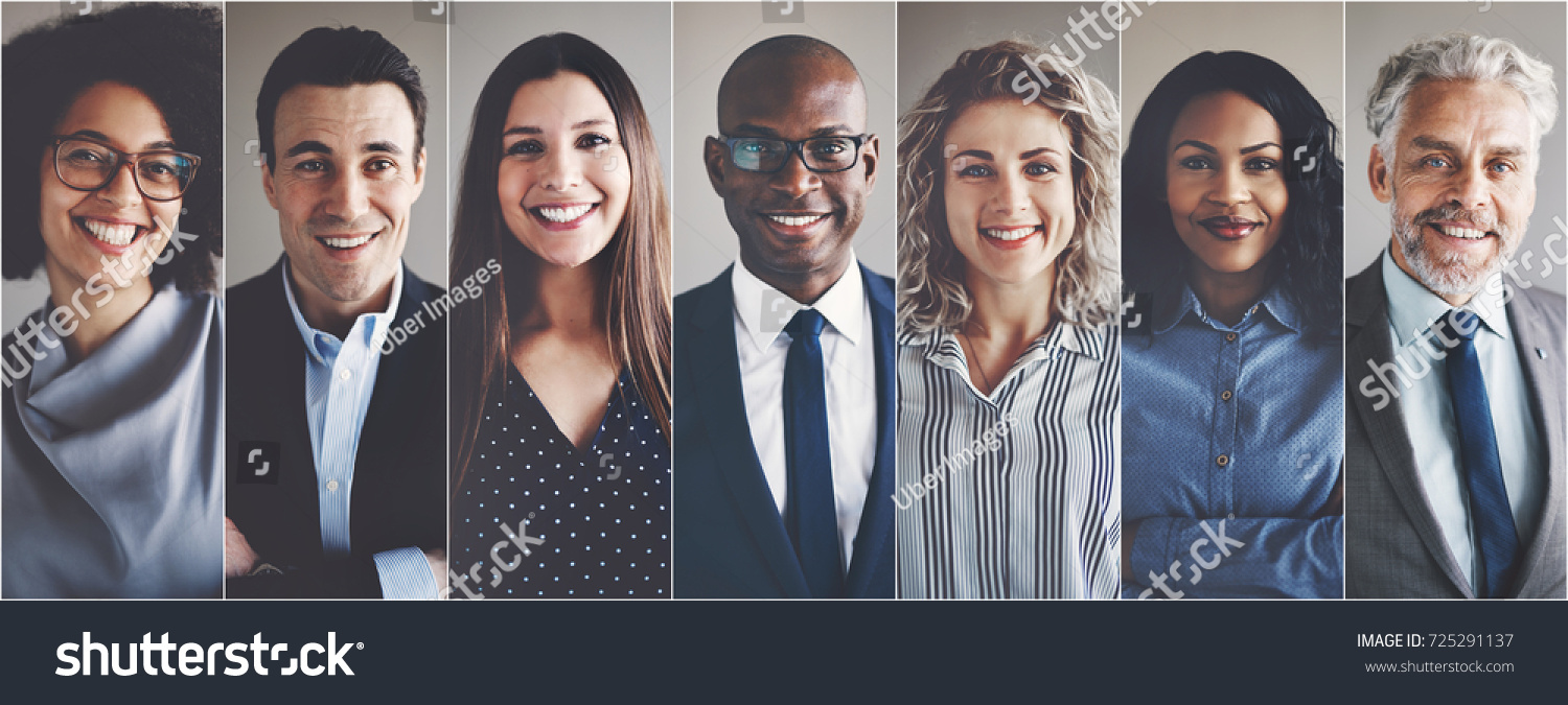 Collage of portraits of an ethnically diverse and mixed age group of focused business professionals #725291137