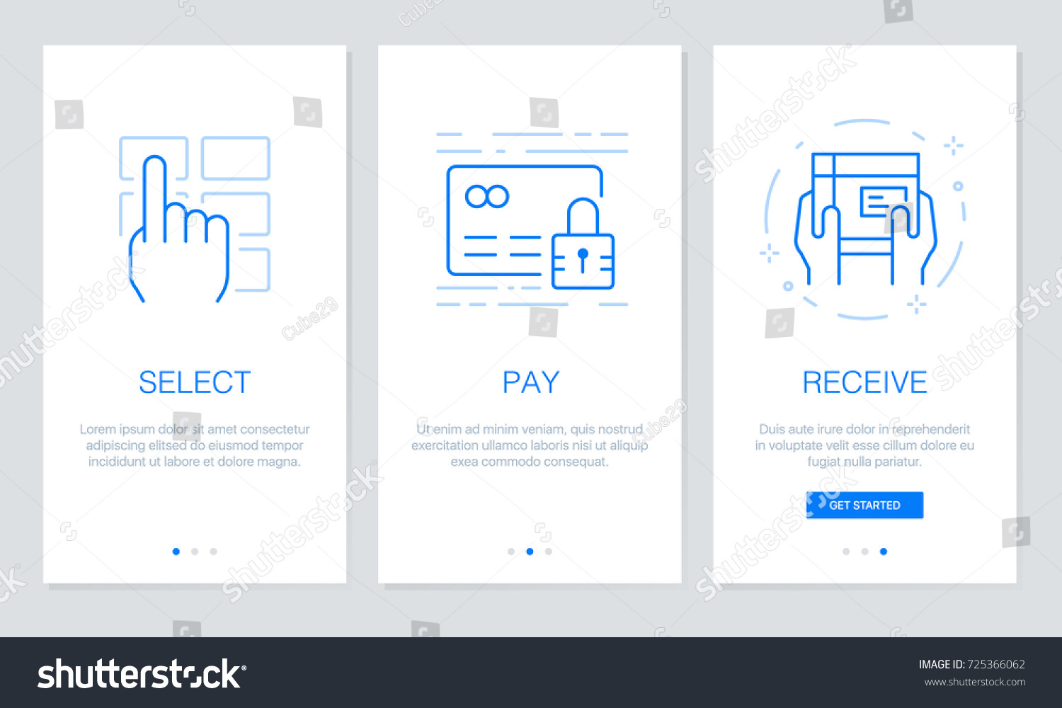 Onboarding app screens in shopping online concept. Modern and simplified vector illustration walkthrough screens template for mobile apps. #725366062
