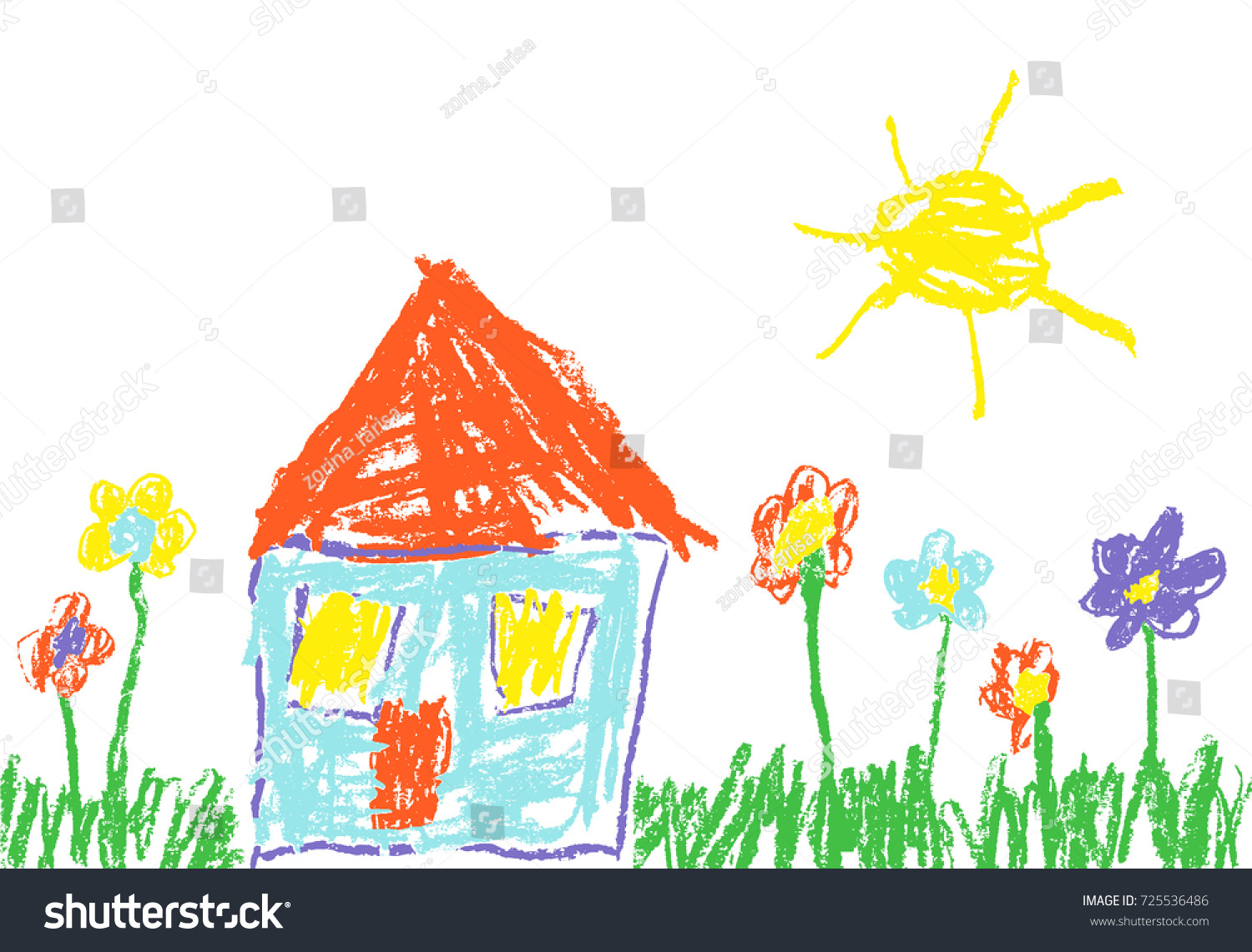 Wax crayon like child's hand drawn house, grass, colourful flowers and sun. Pastel chalk like kid`s hand painting cute spring and summer meadow. Vector pastel chalk background banner. #725536486