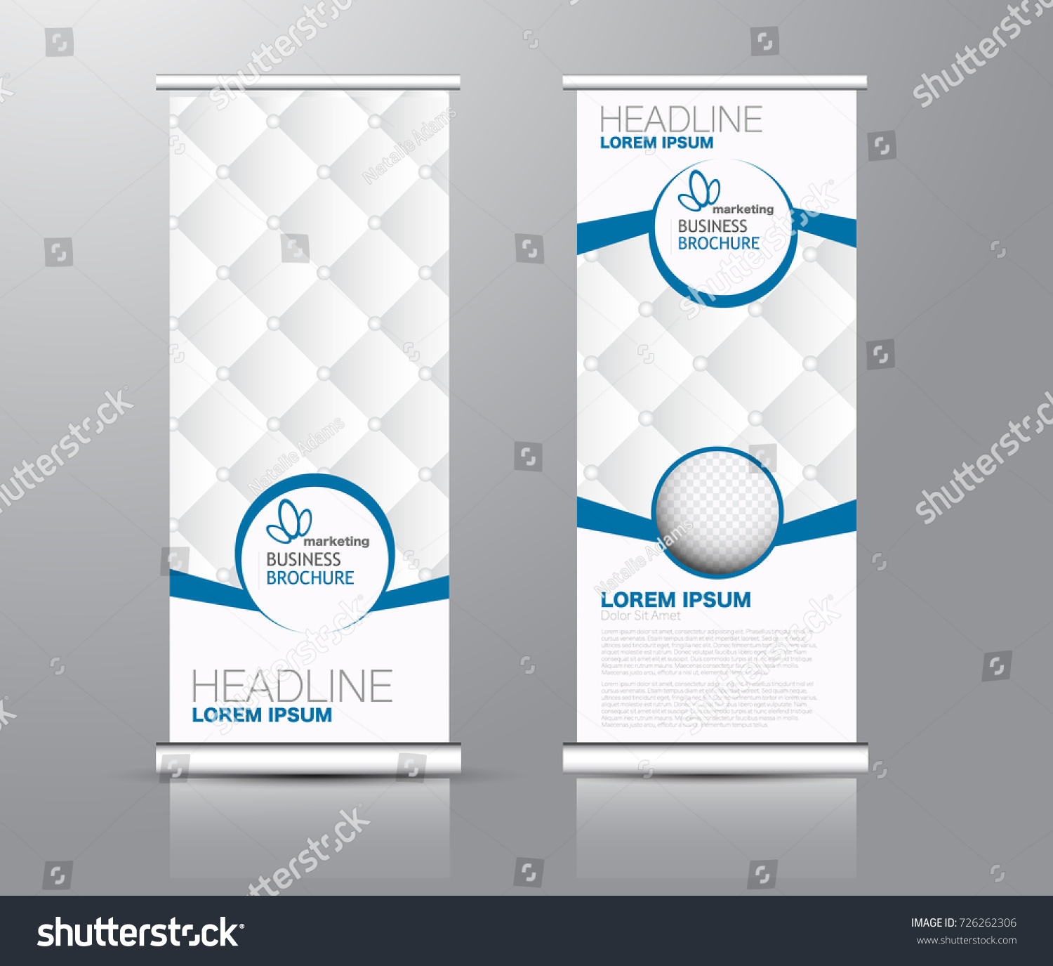 Roll up banner stand template. Abstract background for design,  business, education, advertisement. Blue and brown color. Vector  illustration. #726262306