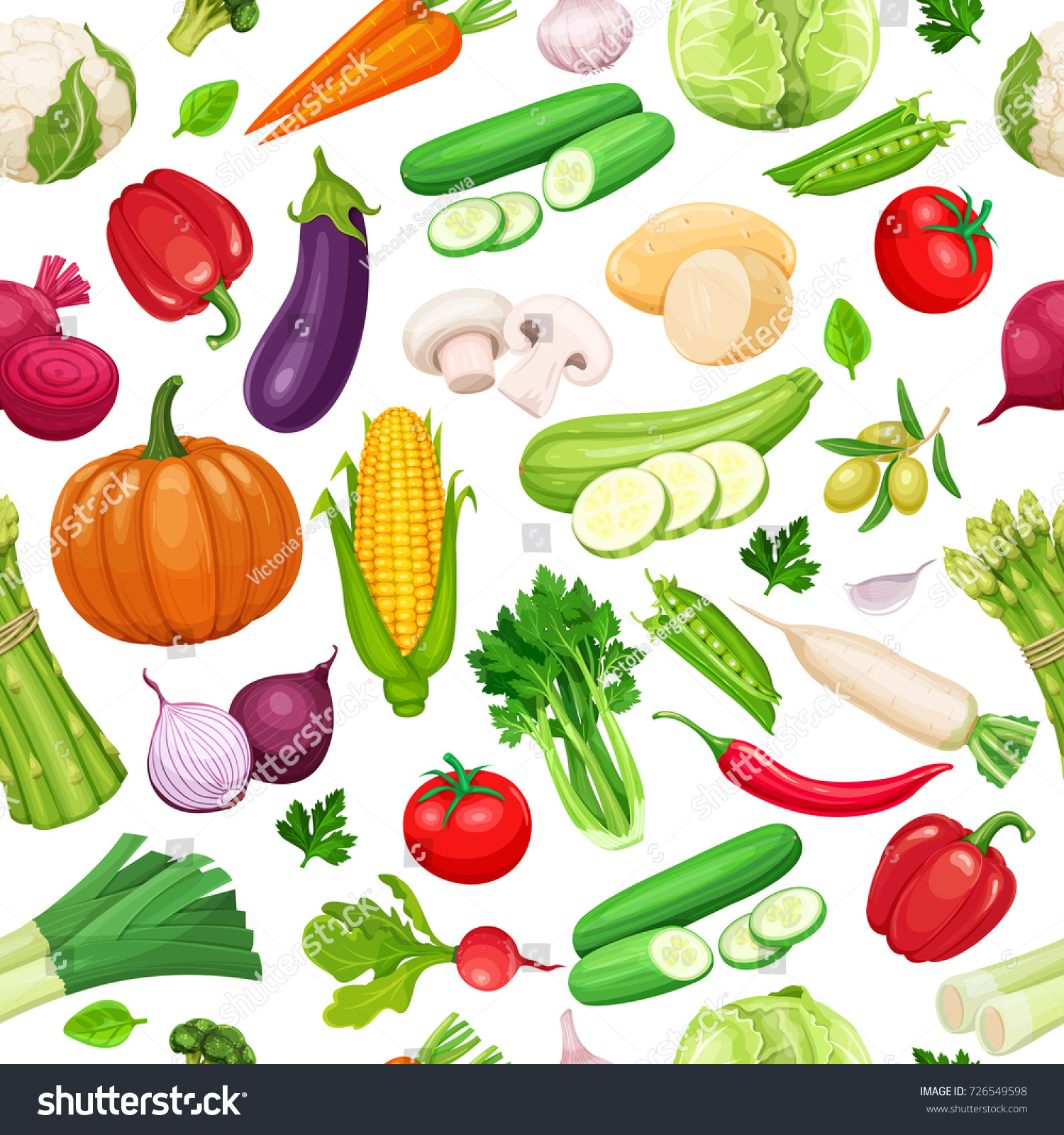Vegetables seamless pattern. Healthy food vector background. #726549598