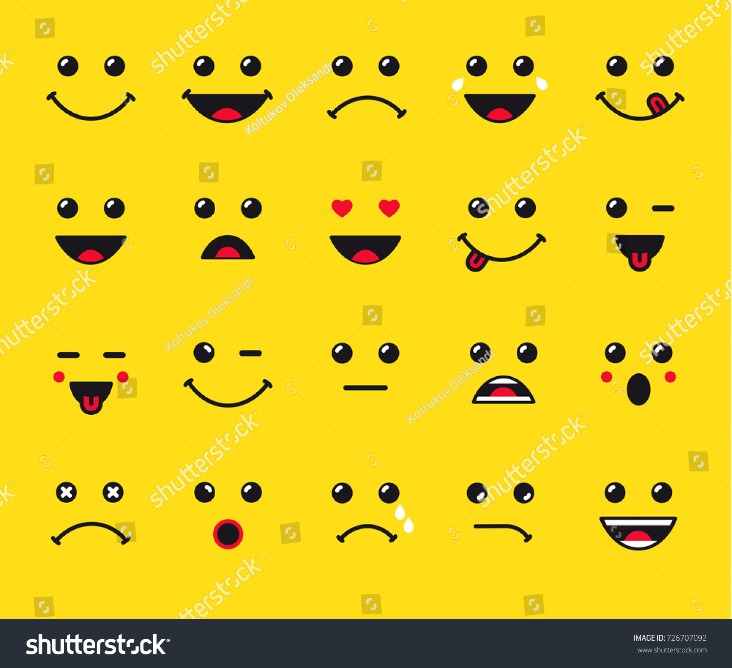 Set of emoticons or emoji illustration line icons. Smile icons line art isolated vector illustration on yellow background. Concept for World Smile Day smiling card or banner #726707092