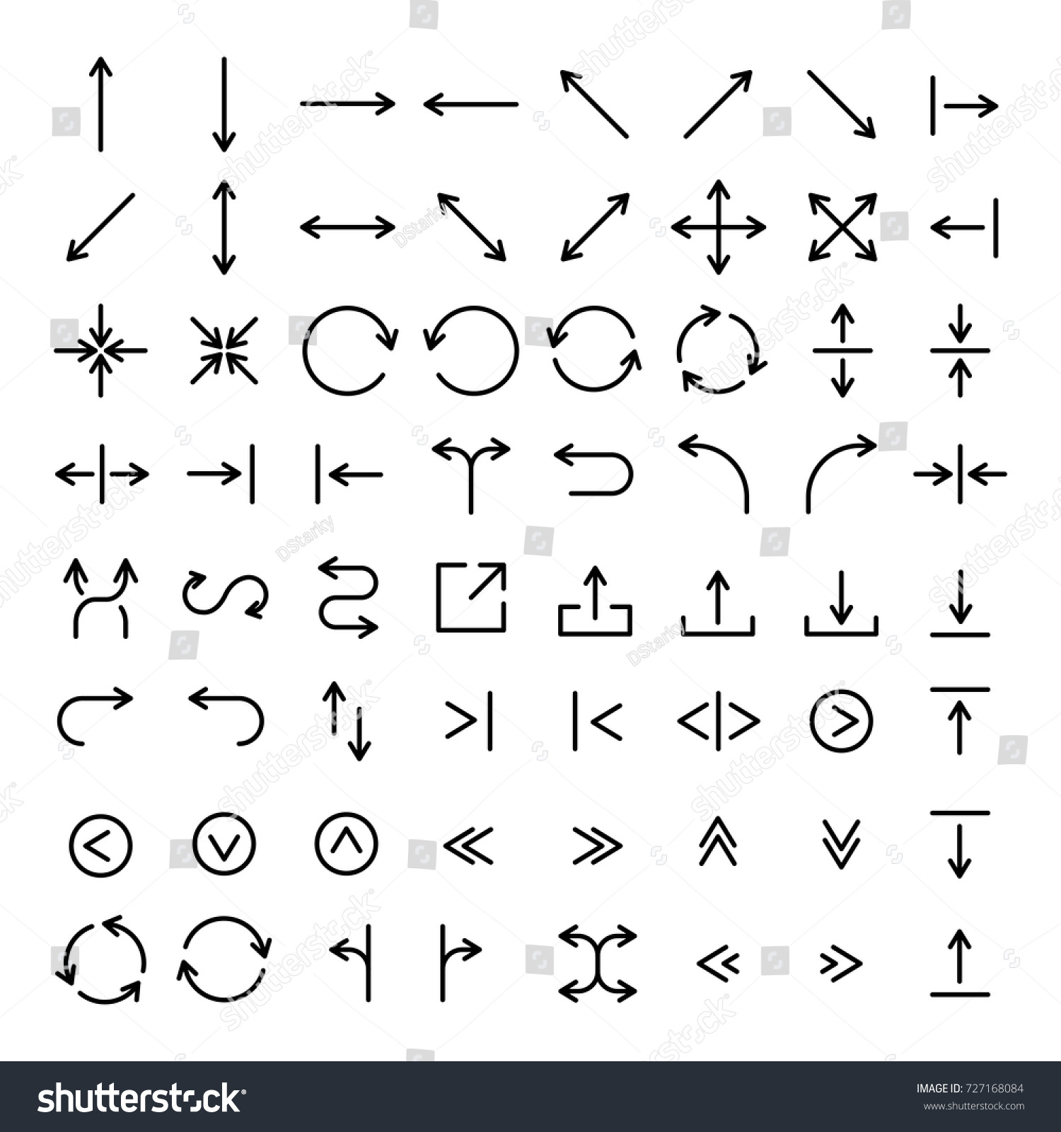 Set of 64 arrow thin line icons. High quality pictograms of direction. Modern outline style icons collection. Recycle, forward, backward, next, traffic, etc. #727168084