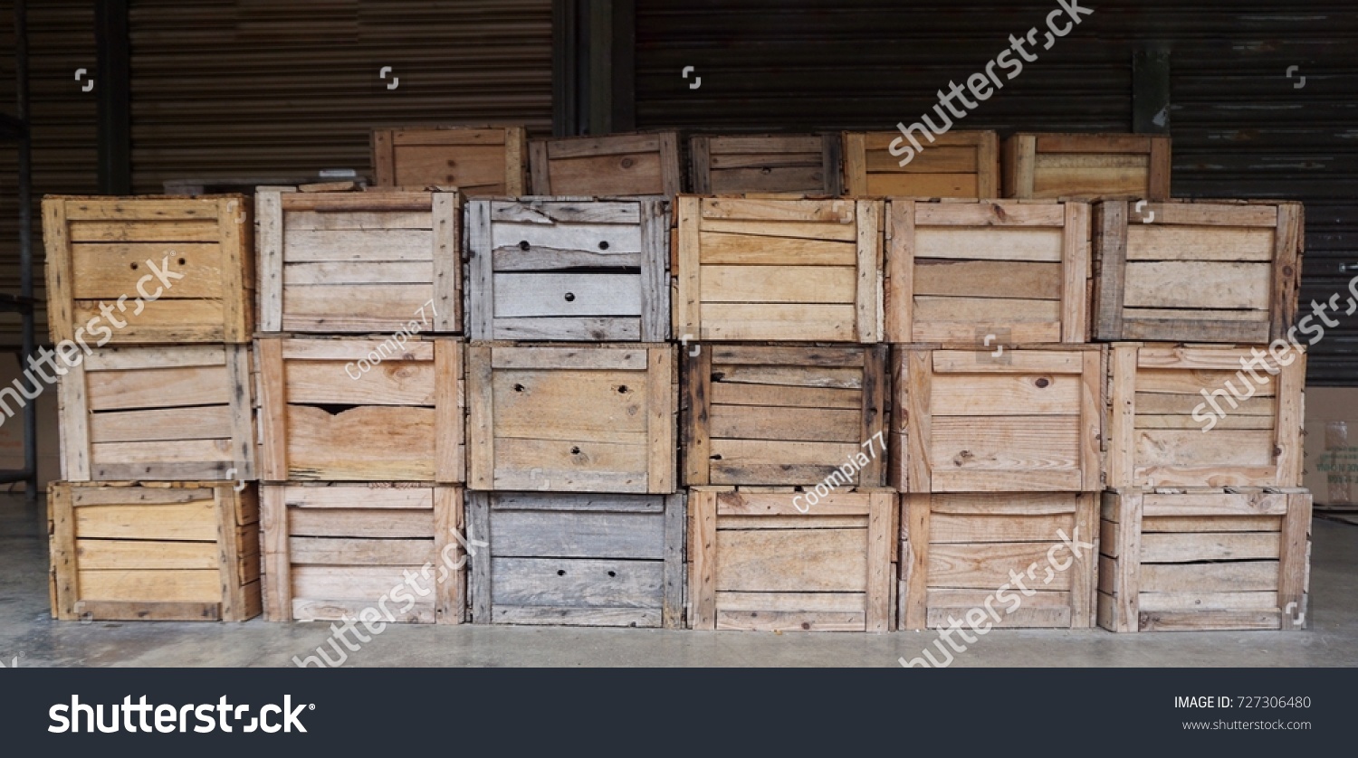 Empty wooden crates or boxes for fruits and vegetables at the market in PERAK, MALAYSIA. #727306480