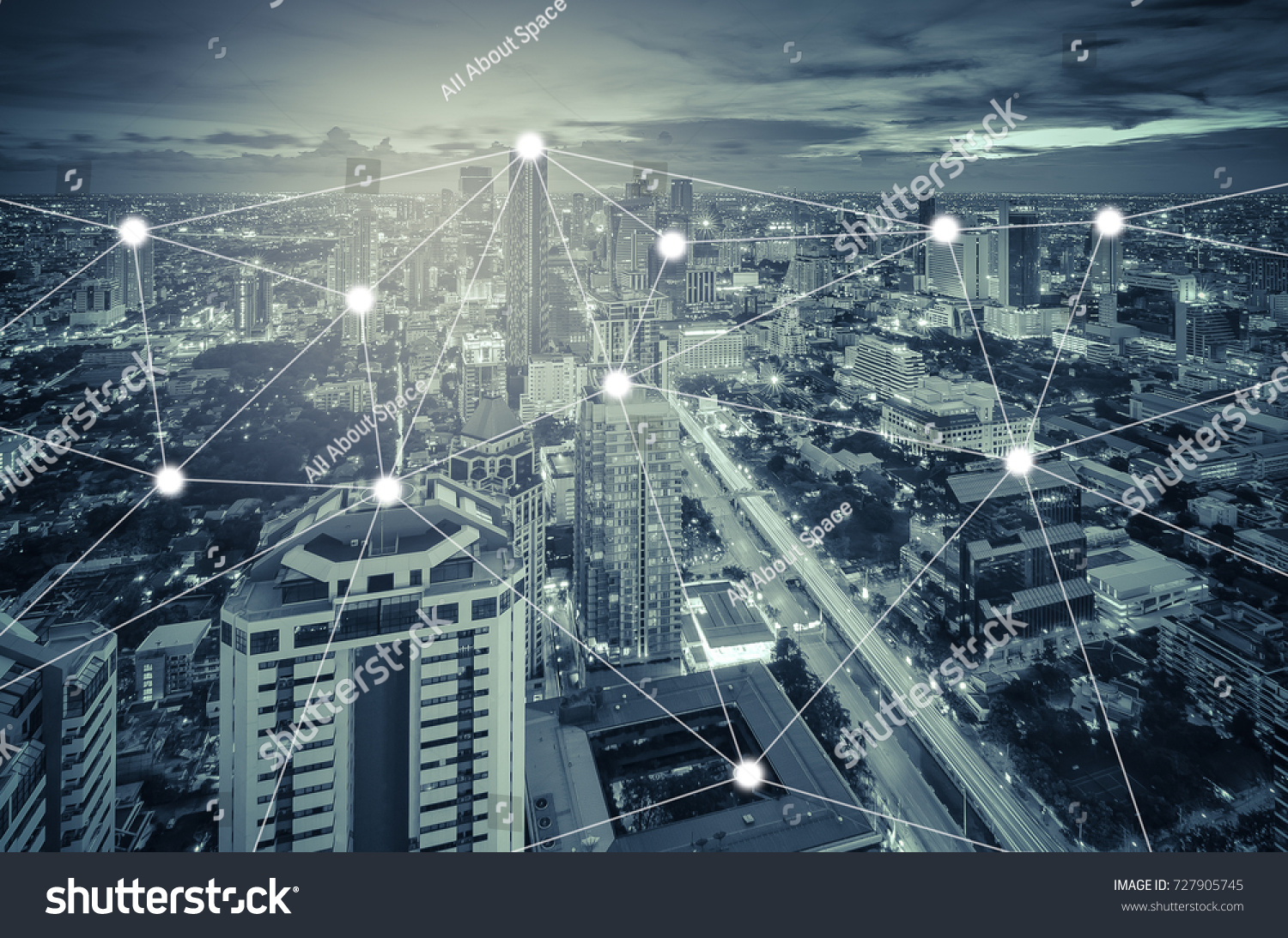 network and connection concept with cityscape as background, business concept, vintage style process #727905745