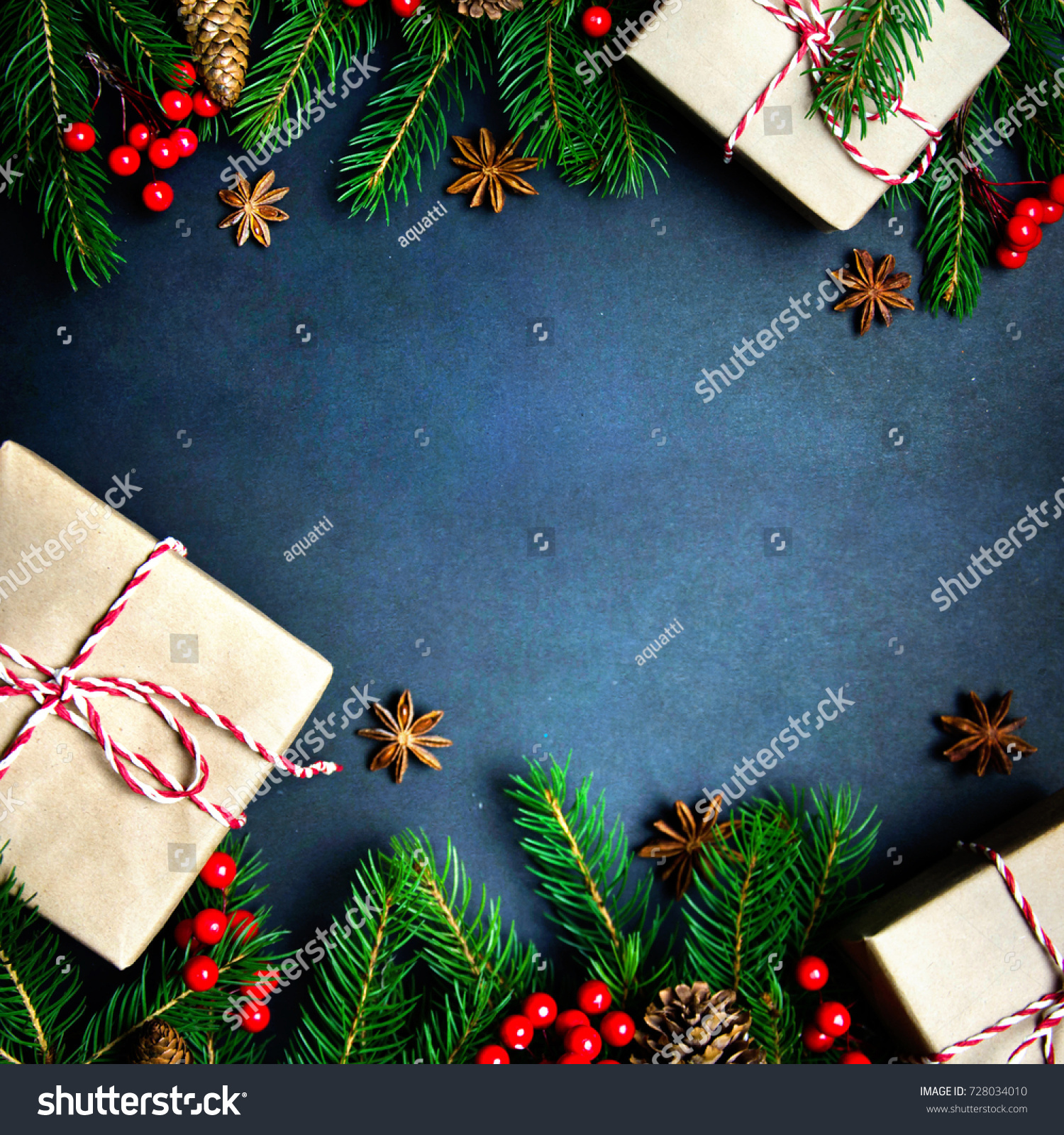 Christmas or New Year dark background, Xmas black board framed with season decorations, space for a text, view from above #728034010