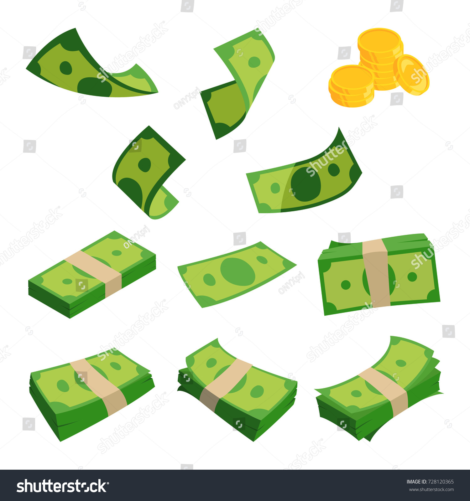 Bundles of dollars isolated on white background. Different banknotes set. Money cash and finance stack. Vector illustration #728120365