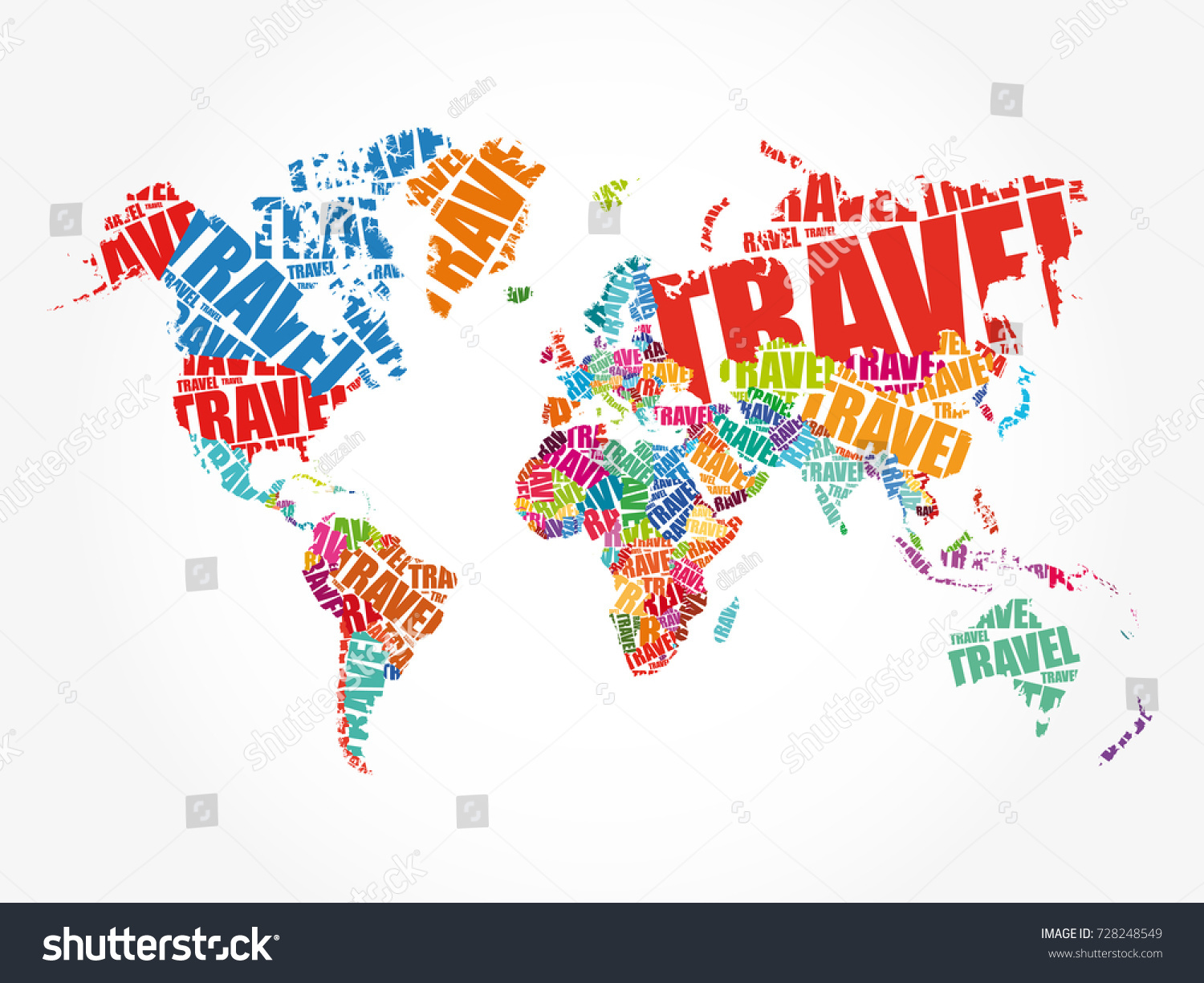 TRAVEL word in shape World Map Typography, words Royalty Free Stock Vector 728248549