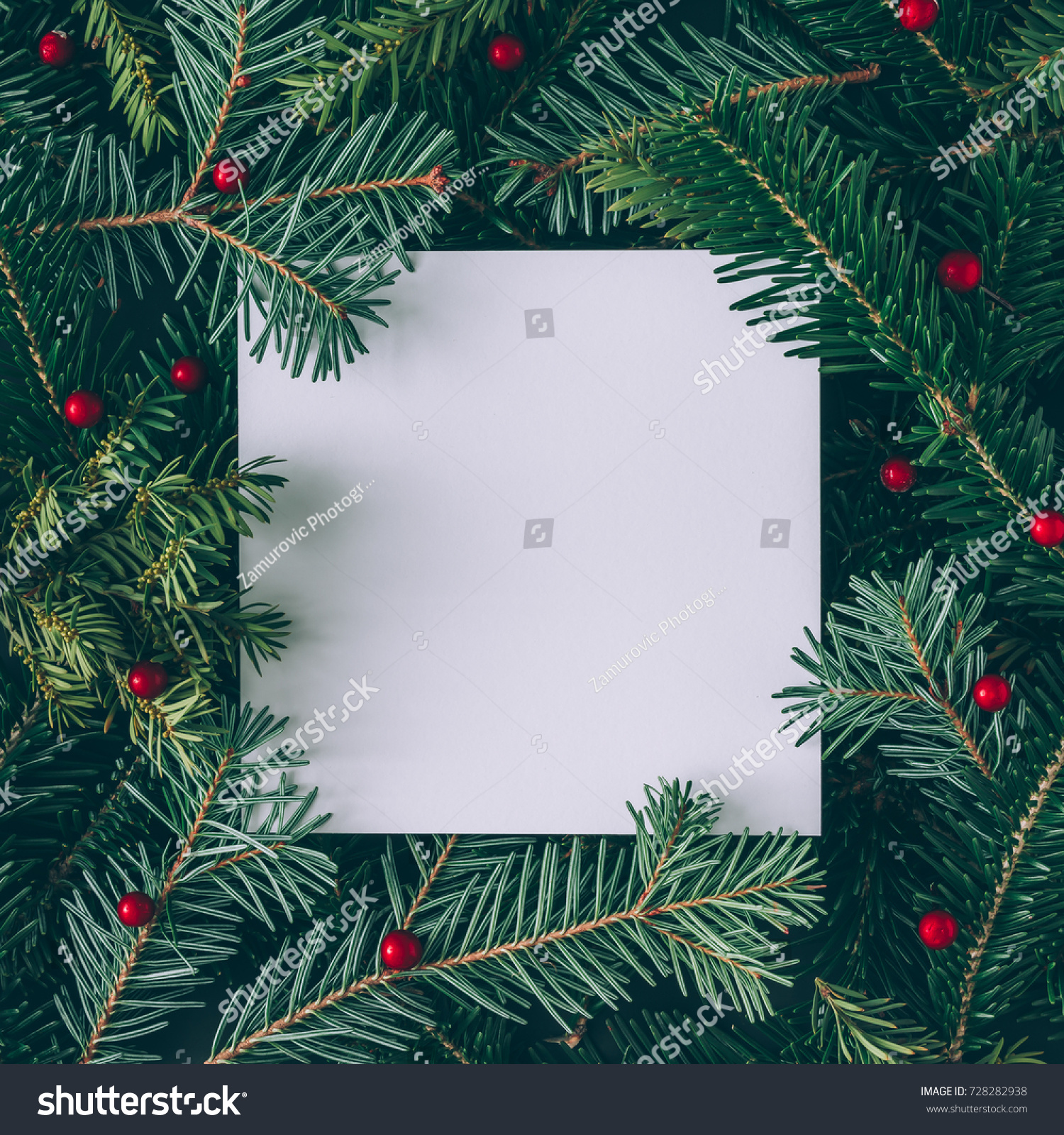 Creative layout made of Christmas tree branches with paper card note. Flat lay. Nature New Year concept. #728282938