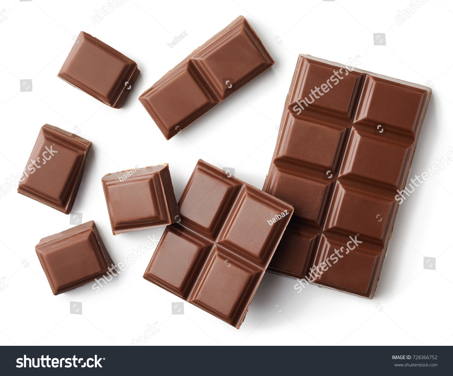 Milk chocolate pieces isolated on white background from top view #728366752