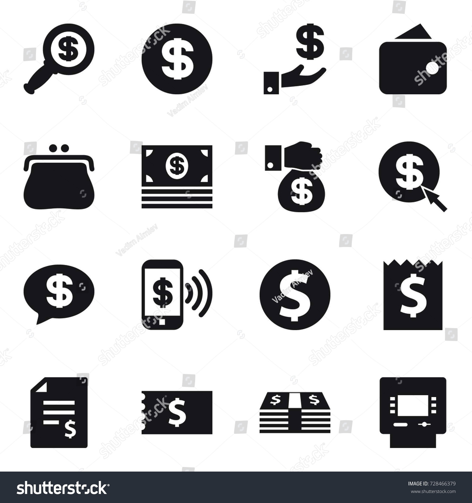 16 vector icon set : dollar magnifier, dollar, investment, wallet, purse, money, money gift, dollar arrow, money message, phone pay, dollar coin, receipt, account balance, atm #728466379