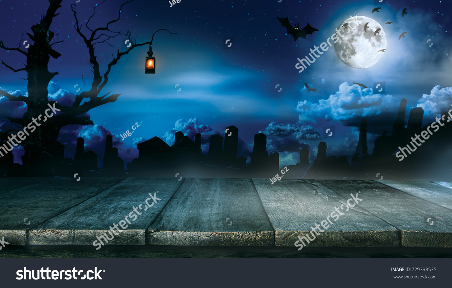 Spooky halloween background with empty wooden planks, dark horror background. Celebration theme, copyspace for text. Ideal for product placement #729393535