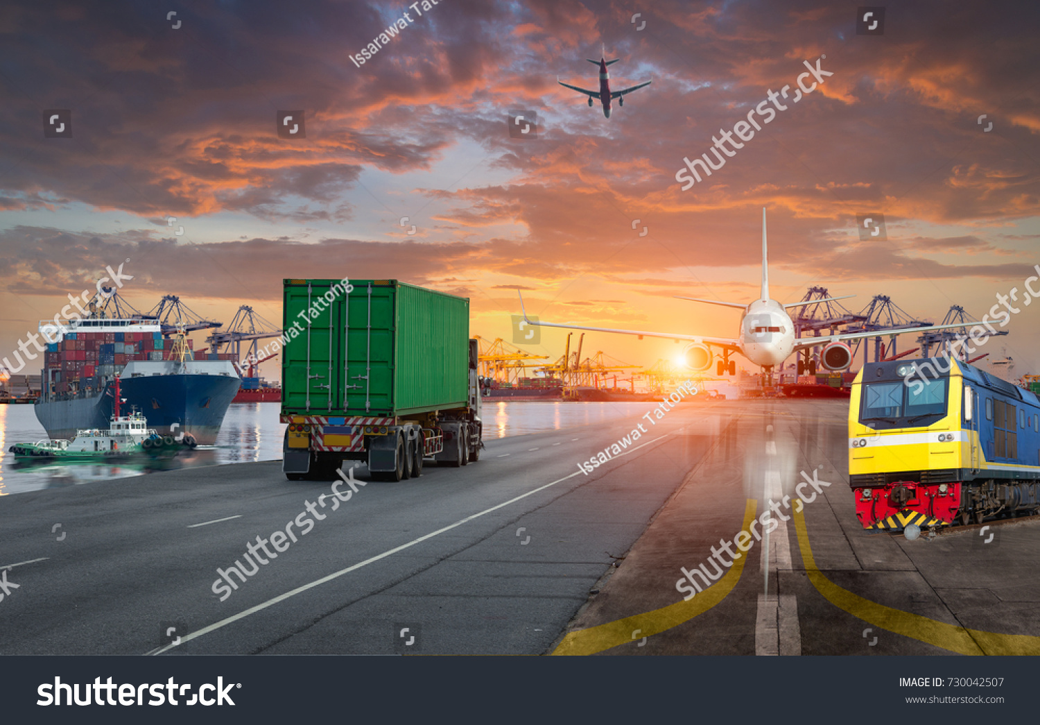 container ship in import,export port against beautiful sunset light of loading ship yard use for freight and cargo shipping vessel transport #730042507