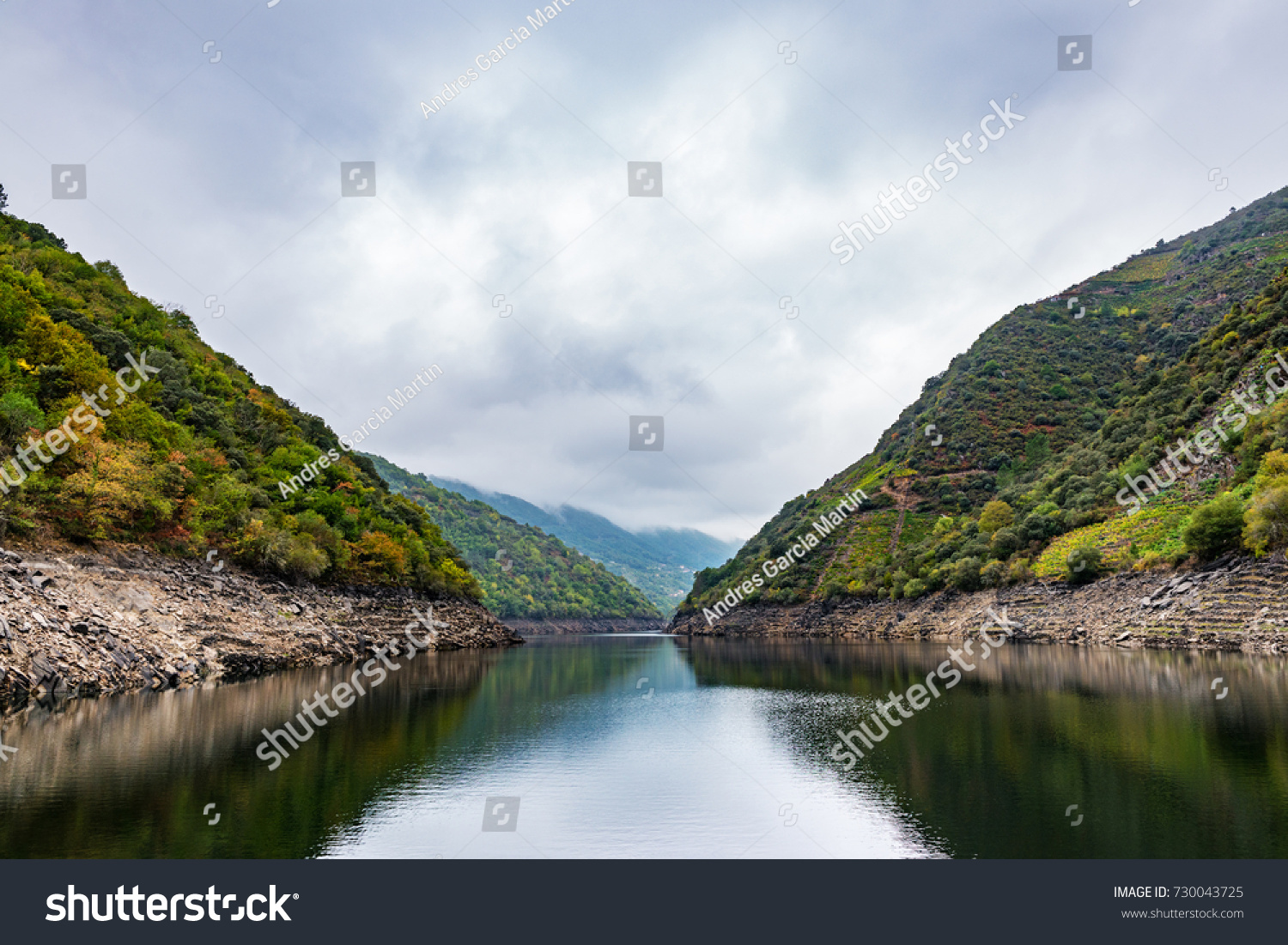 The river Sil acts as a natural border between the provinces of Ourense and Lugo in the Ribeira Sacra, with the riverbanks full of terraces with vineyards. #730043725