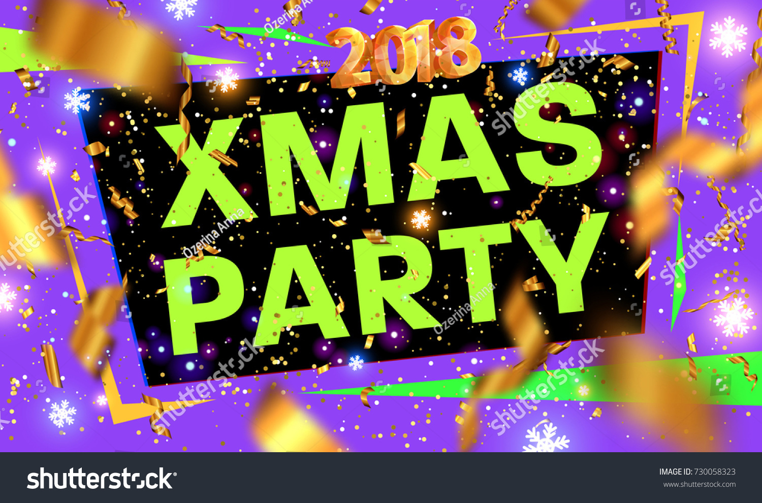 Christmas 2018 party poster template | Xmas and New Year disco placard | Gold glitter and glowing snowflakes | Vector illustration #730058323