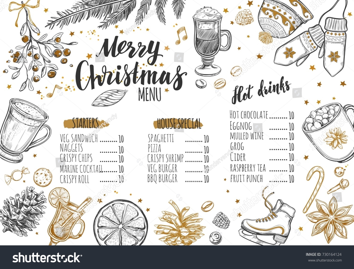 Merry Christmas festive Winter Menu. Design template includes different Vector hand drawn illustrations and Brushpen Modern Calligraphy. Beverages, food and christmas elements.  #730164124